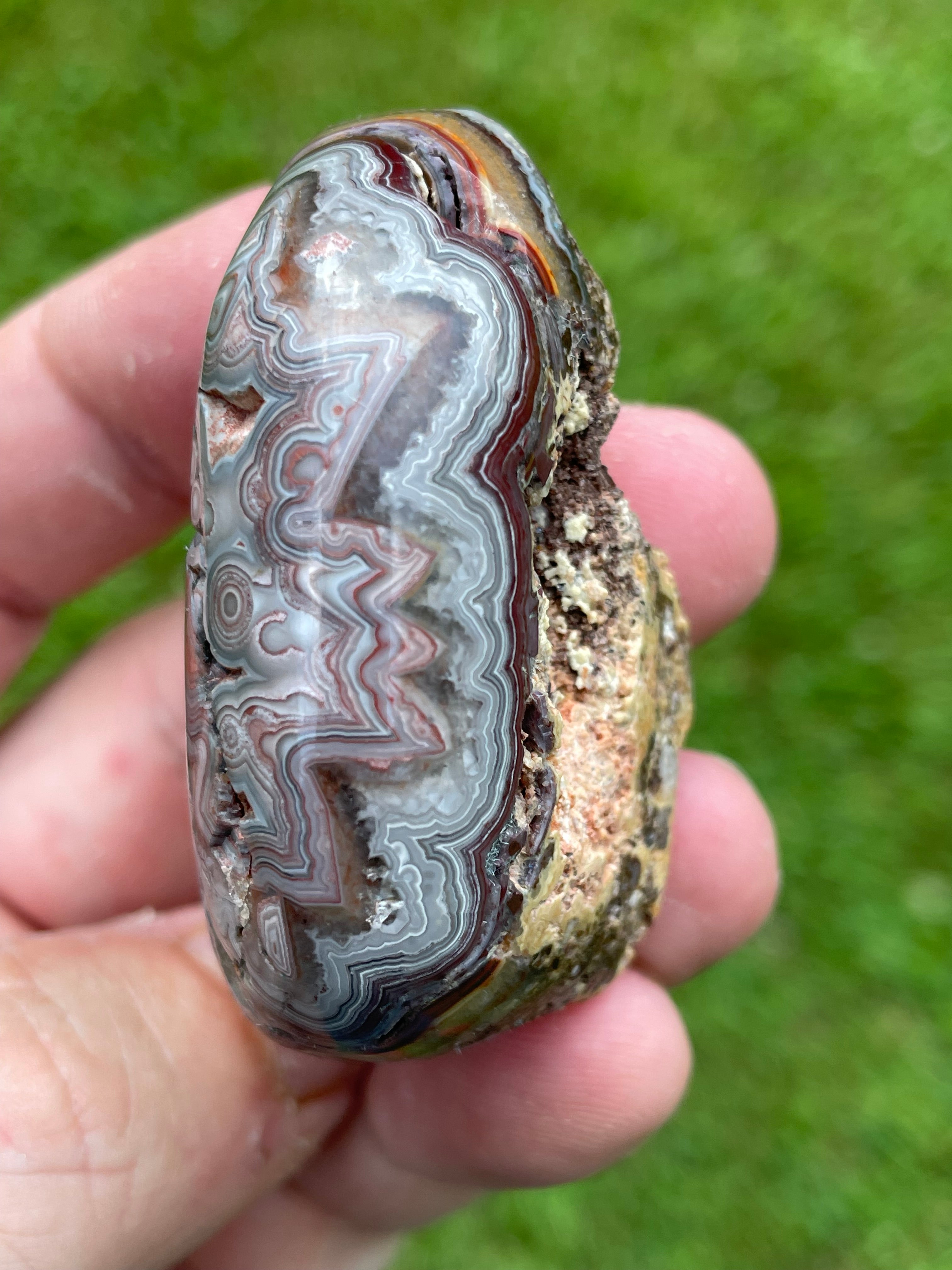 StoneBorn Creations Hand-Polished Custom Shaped Lace Agate Freeform with Natural Druzy Quartz, Orbicular Eyes & Fortification Banding