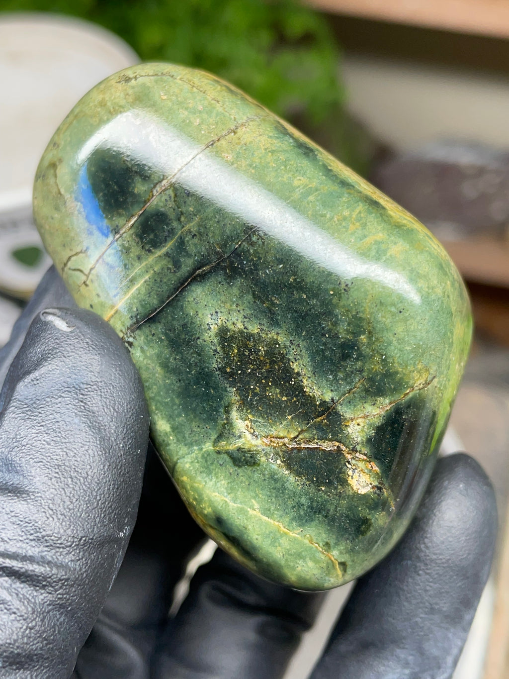 StoneBorn Creations Hand Polished Vermont Serpentine with Deep Forest Greens and Natural Gold Flecking – One of a Kind Display Stone