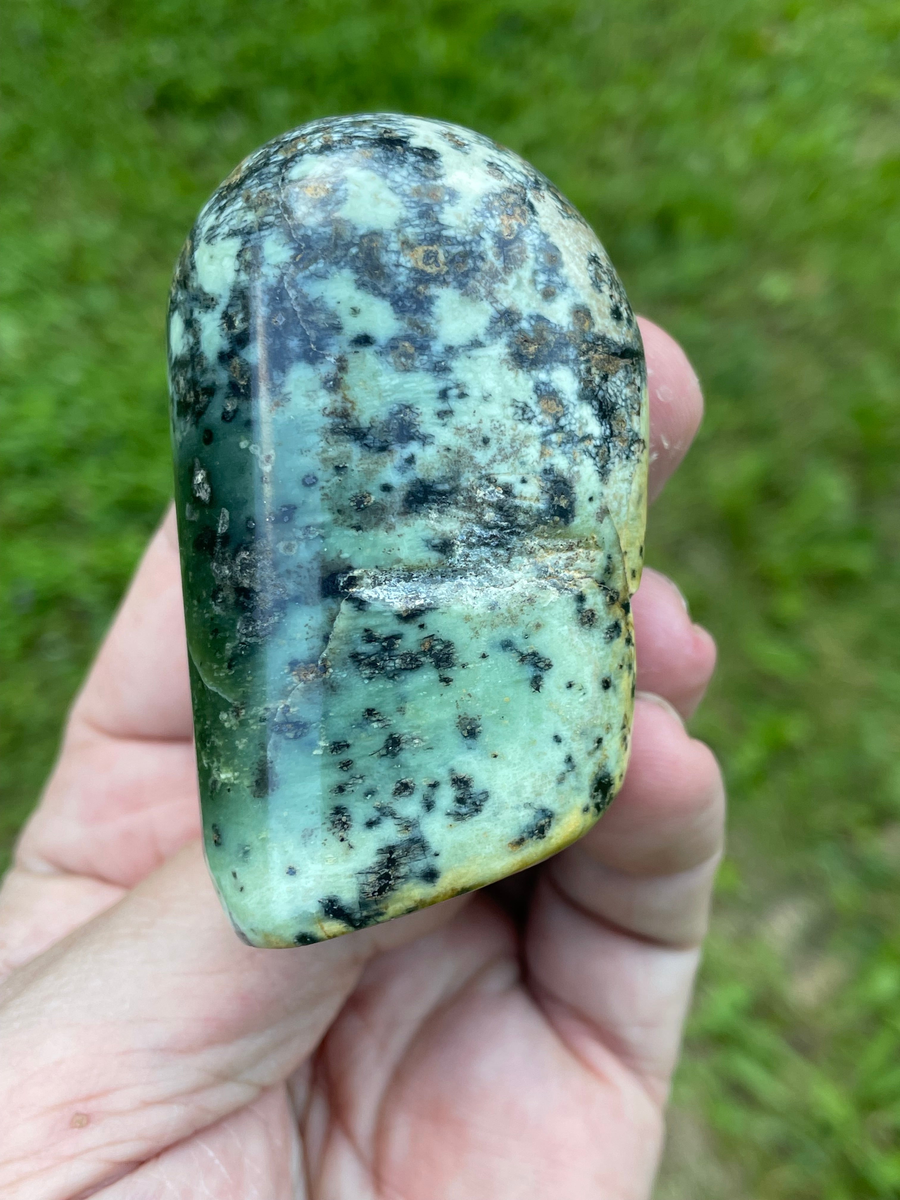 StoneBorn Creations Hand-Polished Green Serpentine Freeform with Deep Forest Green Pocket, Golden Matrix, and Natural Black Mineral Inclusions
