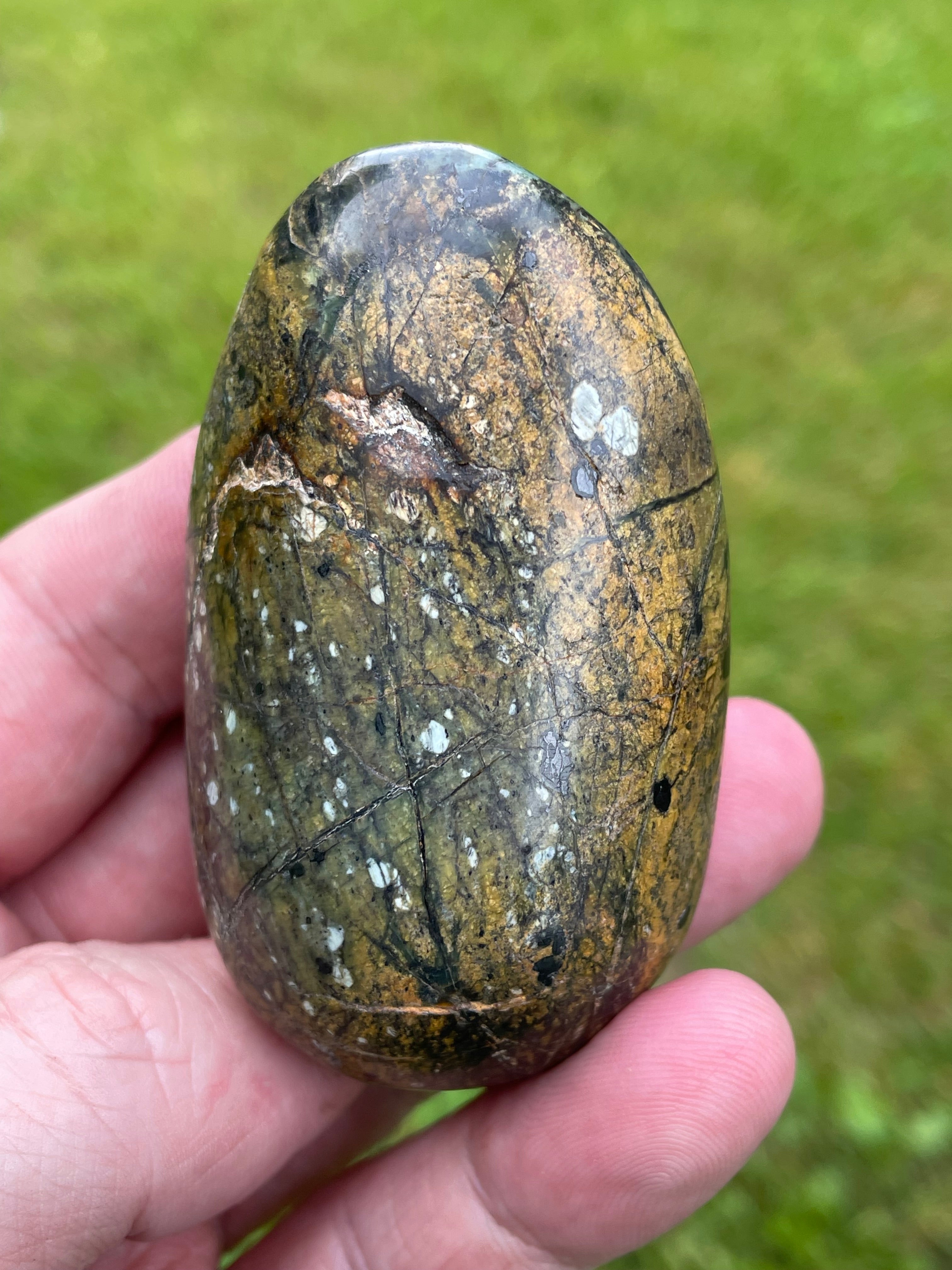 StoneBorn Creations Hand Polished Serpentine Freeform with Natural Olive Matrix, White Mineral Inclusions and Intricate Veining