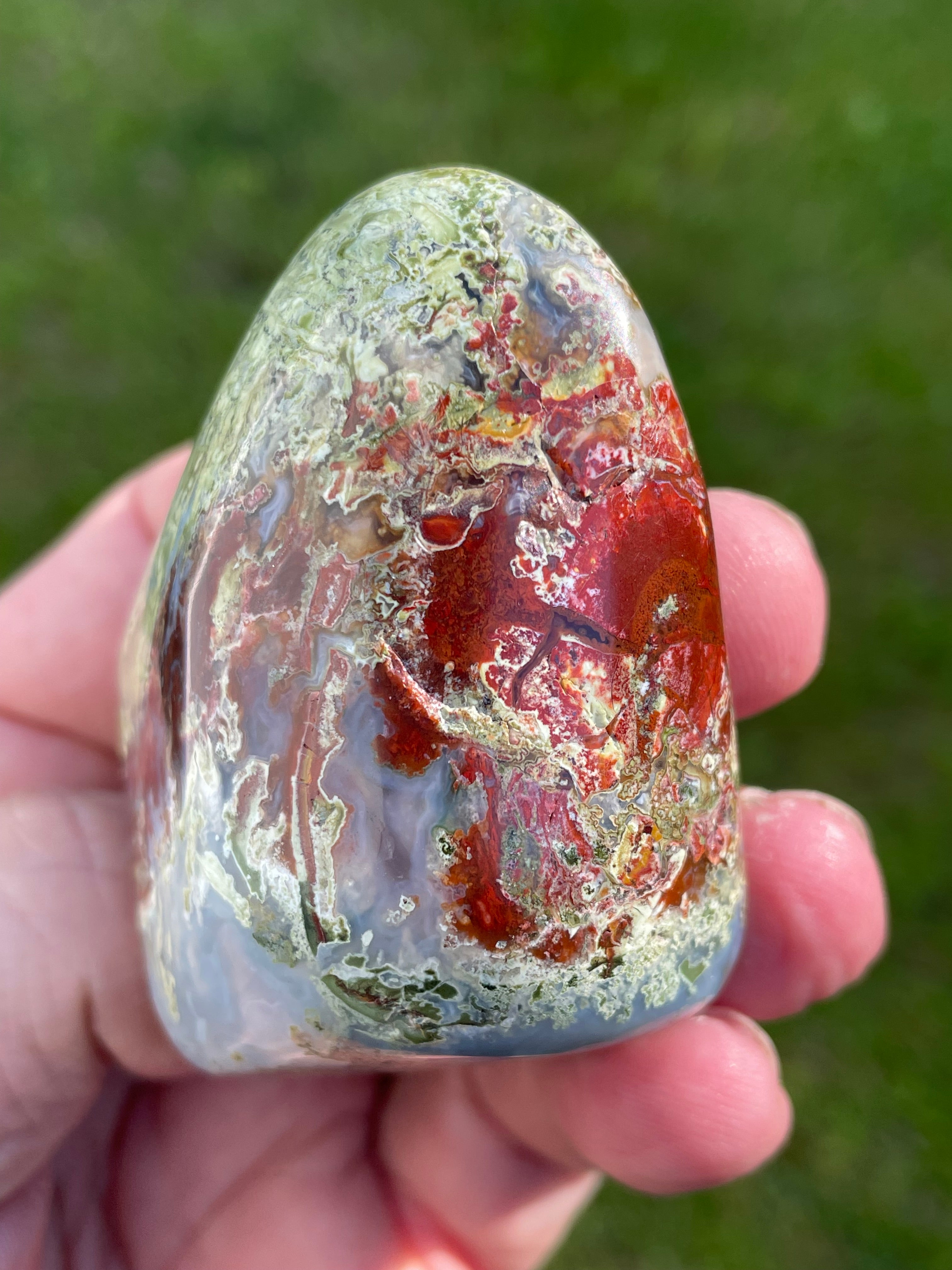 StoneBorn Creations Hand-Polished Agate Freeform with Blue Chalcedony, Deep Red Jasper Inclusions and Green Mossy Matrix