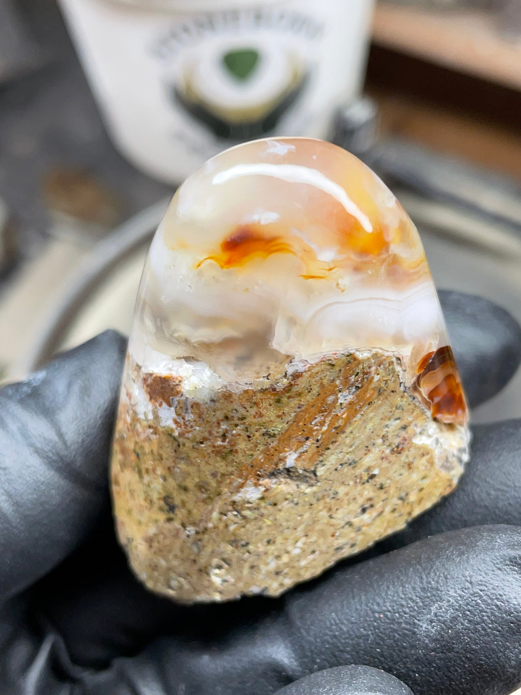 StoneBorn Creations Hand-Shaped Fire Agate with Natural Banding and Raw Matrix Base