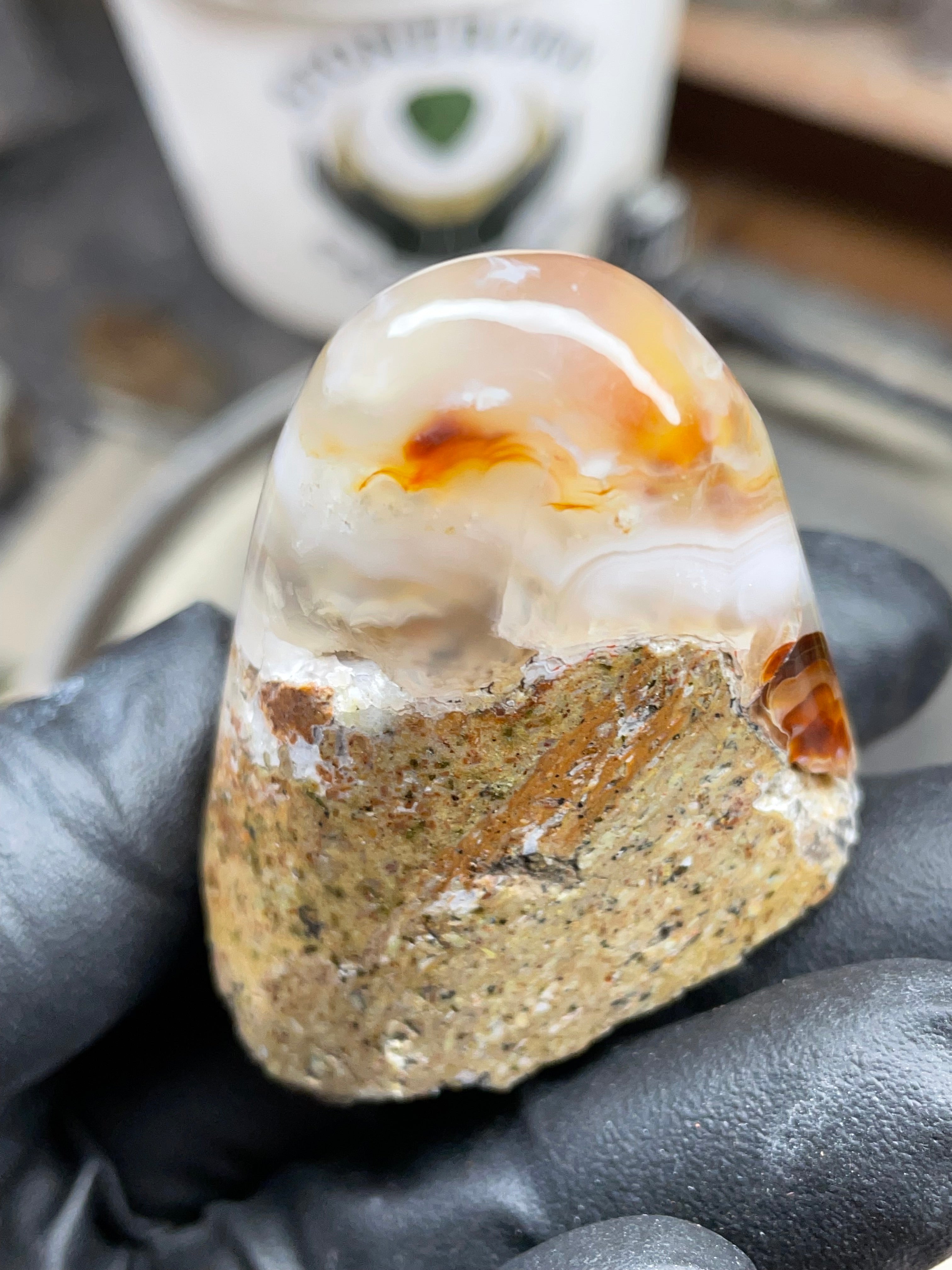 StoneBorn Creations Hand-Shaped Fire Agate with Natural Banding and Raw Matrix Base