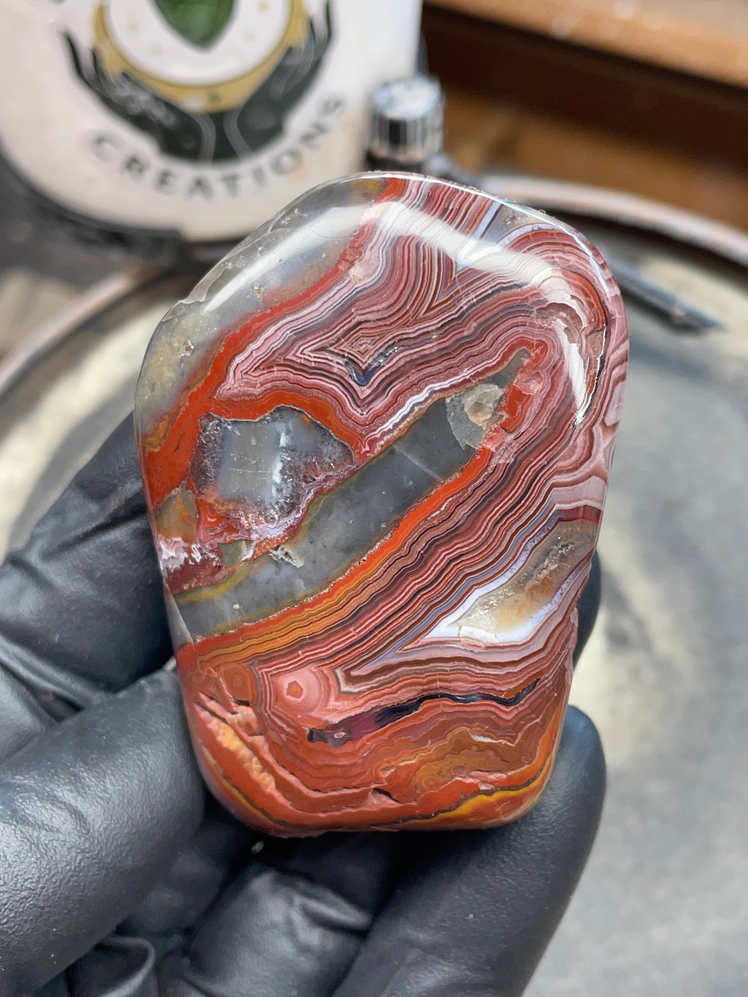 StoneBorn Creations – Hand Polished Crazy Lace Agate – Double Sided Fire Banding