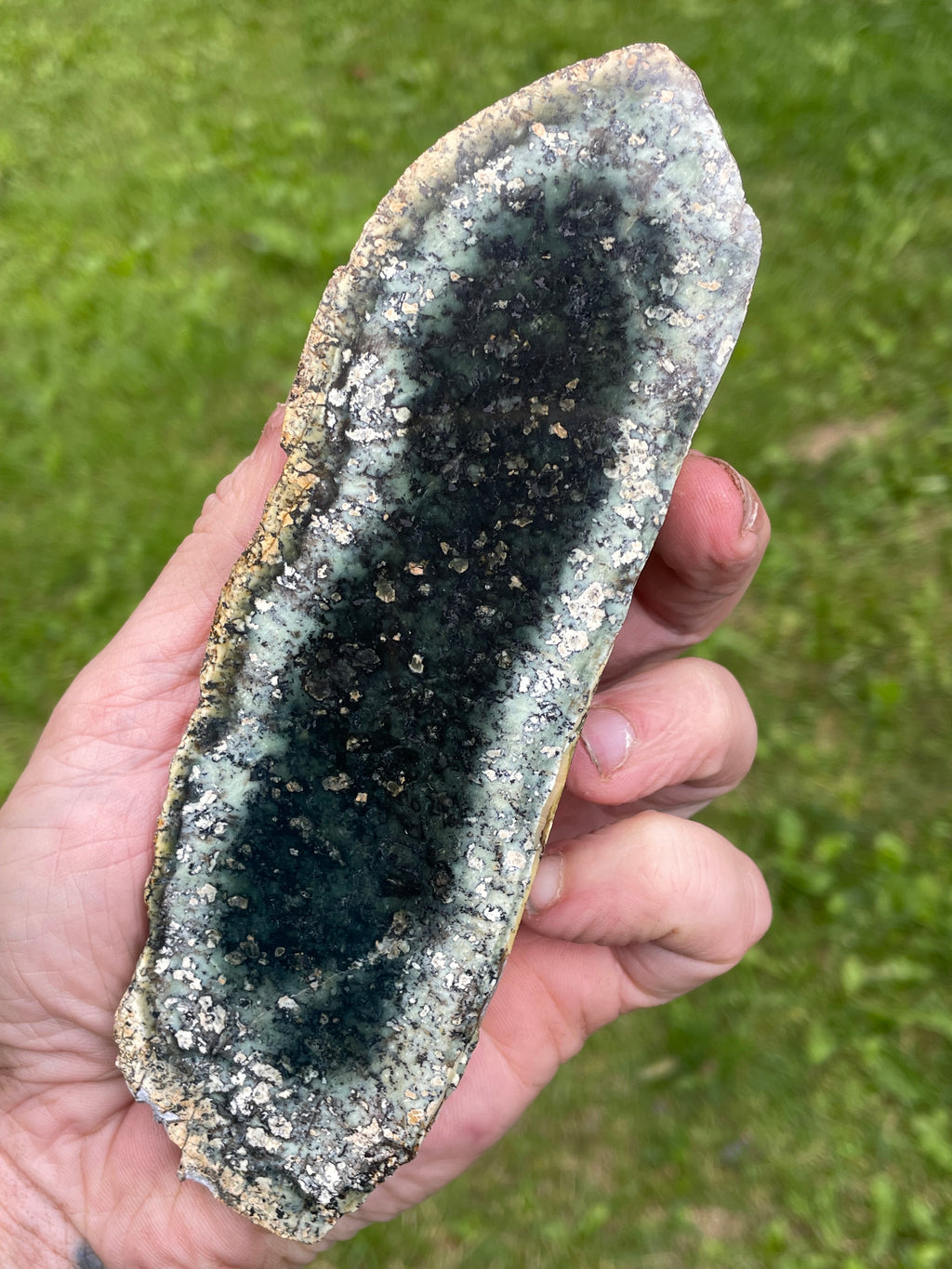 StoneBorn Creations – Deep Forest Green Serpentine Display Stone | Natural Polished Face with Black & Sage Green Mineral Patterns