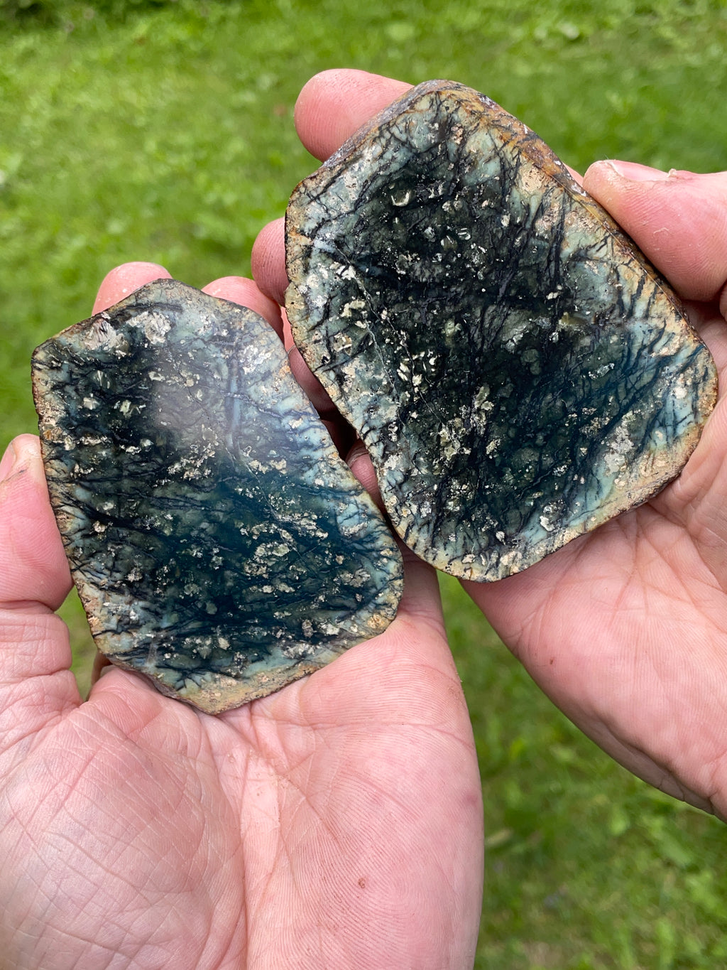 StoneBorn Creations – Hand-Polished Dark Green & Black Dendritic Mystery Stone | Natural Matching Pair