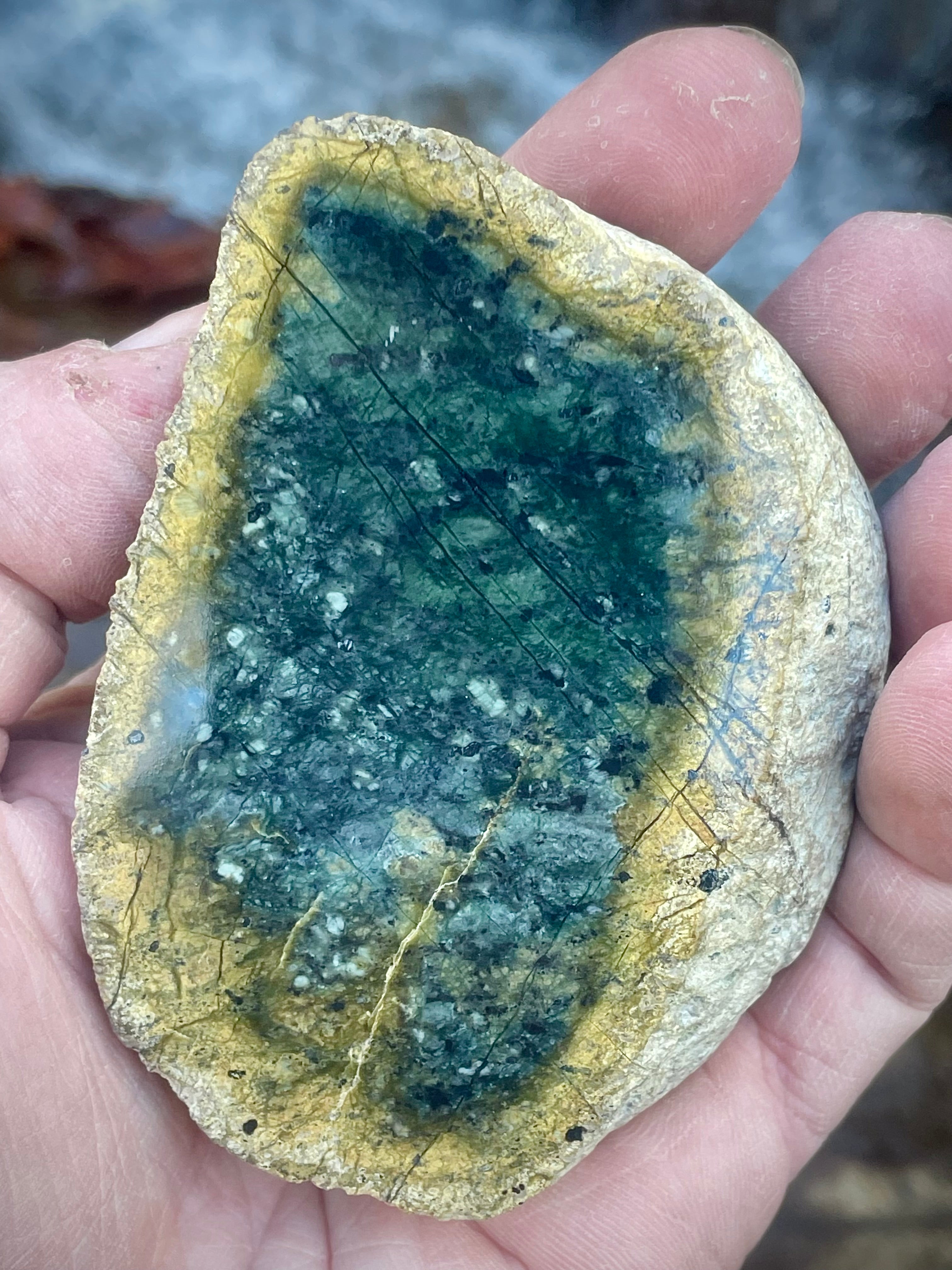 Polished Green Serpentine Stone • Deep Forest Core & Golden Mineral Halo