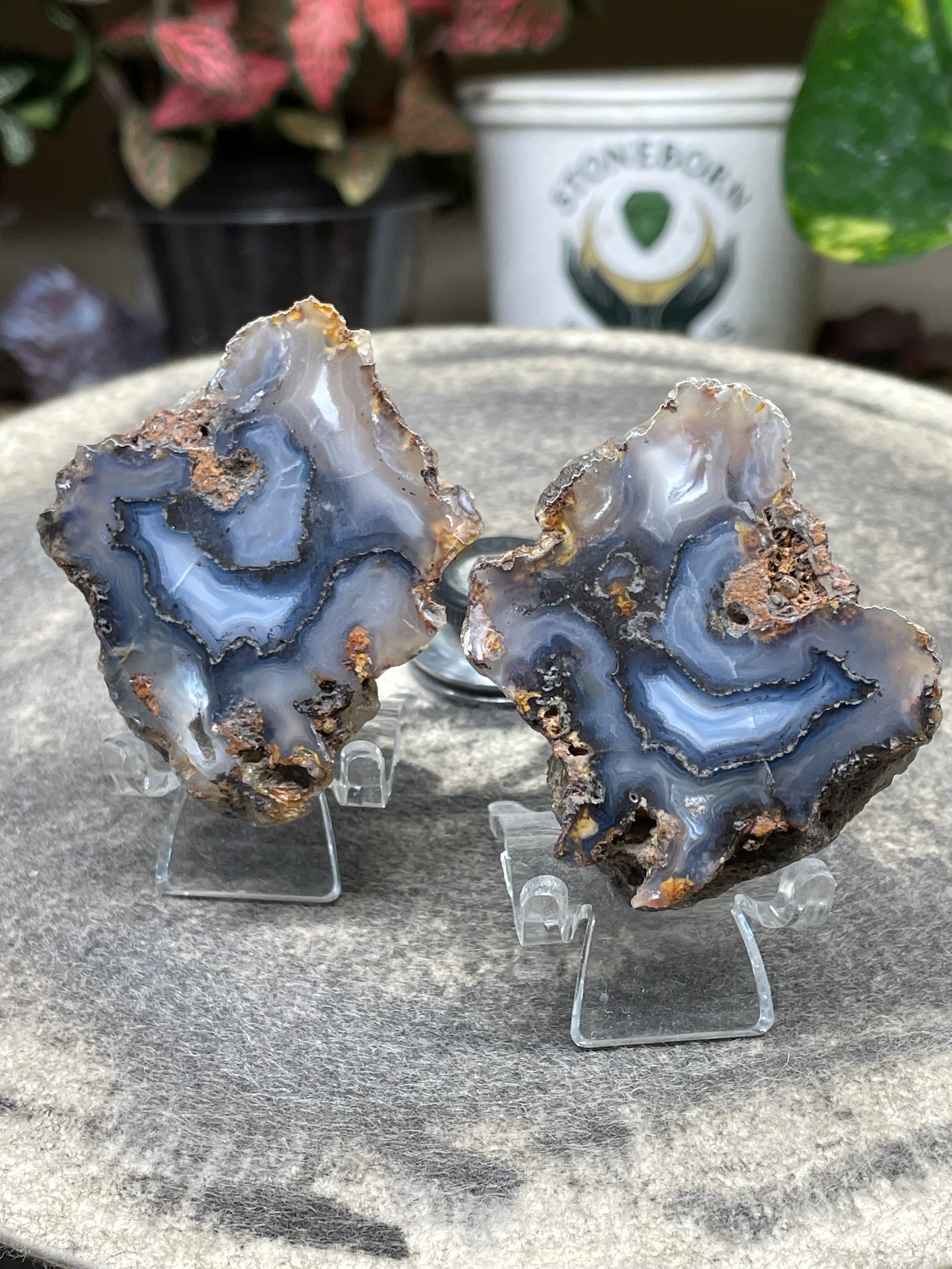 StoneBorn Creations Hand-Polished Banded Agate Pair – Cut Matching Halves with Steel-Blue Fortification Bands