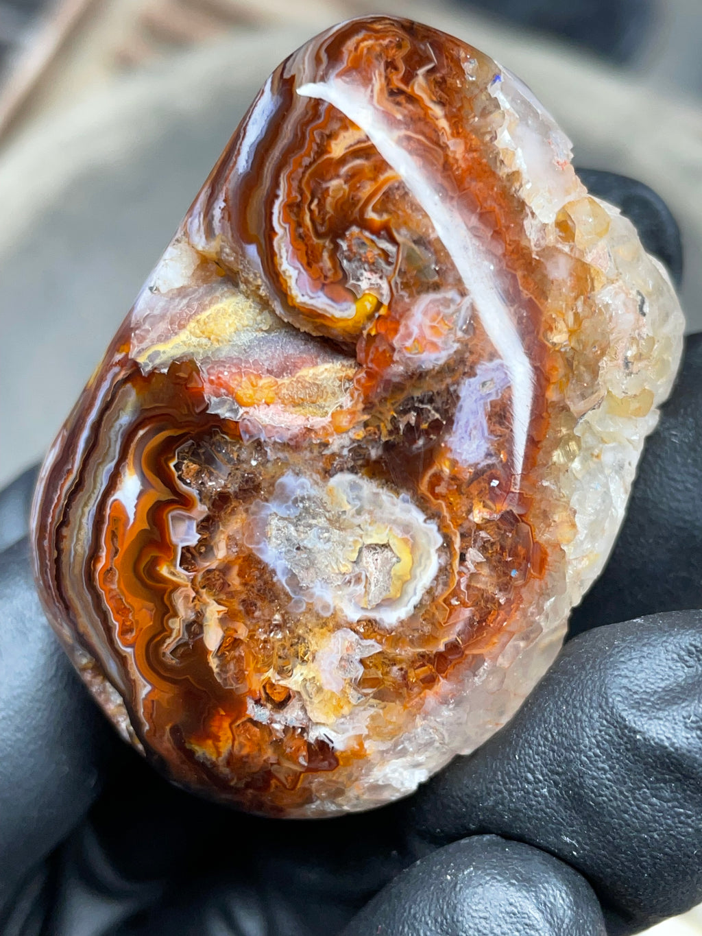 StoneBorn Creations Hand-Polished Fire Agate with Raw Crystal Top – Banded Natural Agate Display Stone