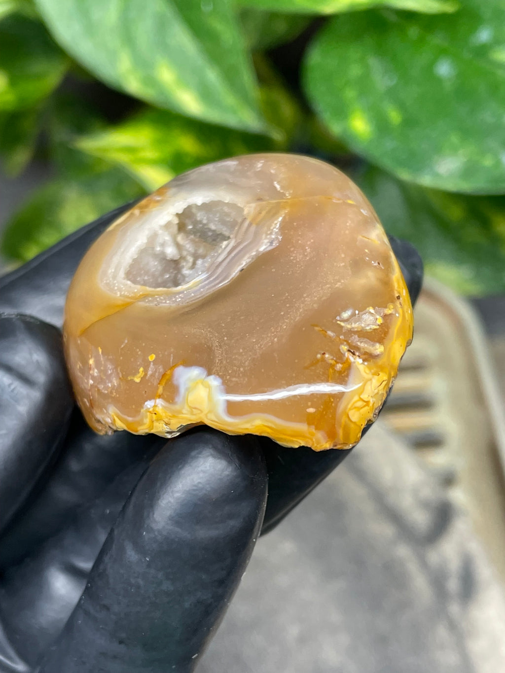 StoneBorn Creations Hand-Polished Banded Agate Pair with Druzy Crystal Centers – Rounded Freeform Stream Stone Halves