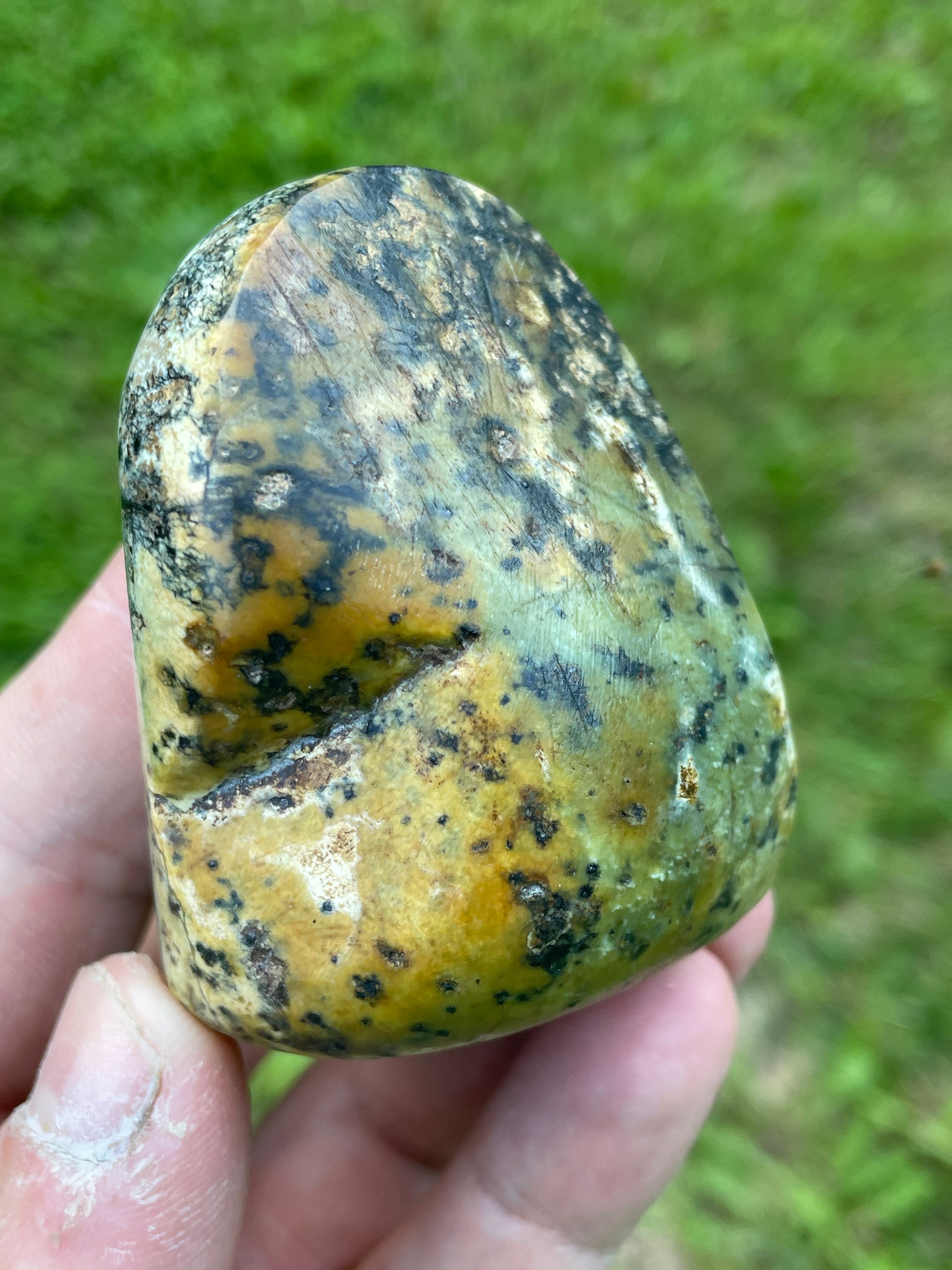 StoneBorn Creations Hand-Polished Green Serpentine Freeform with Deep Forest Green Pocket, Golden Matrix, and Natural Black Mineral Inclusions