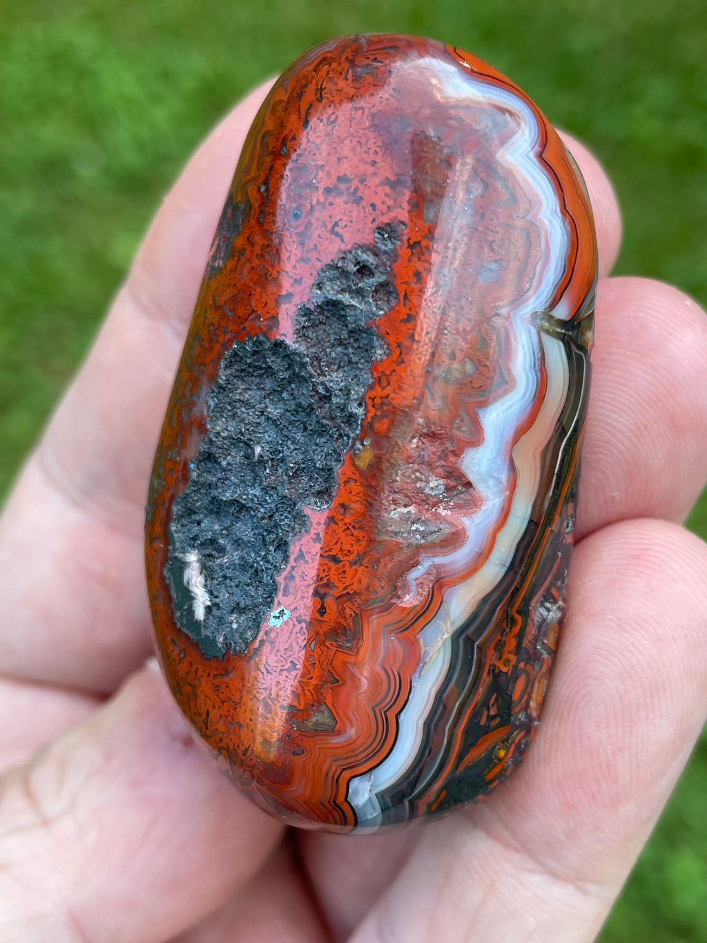 StoneBorn Creations Hand-Polished Lace Agate Freeform with Intricate Fortification Banding, Bold Red Plumes & Natural Druzy Matrix