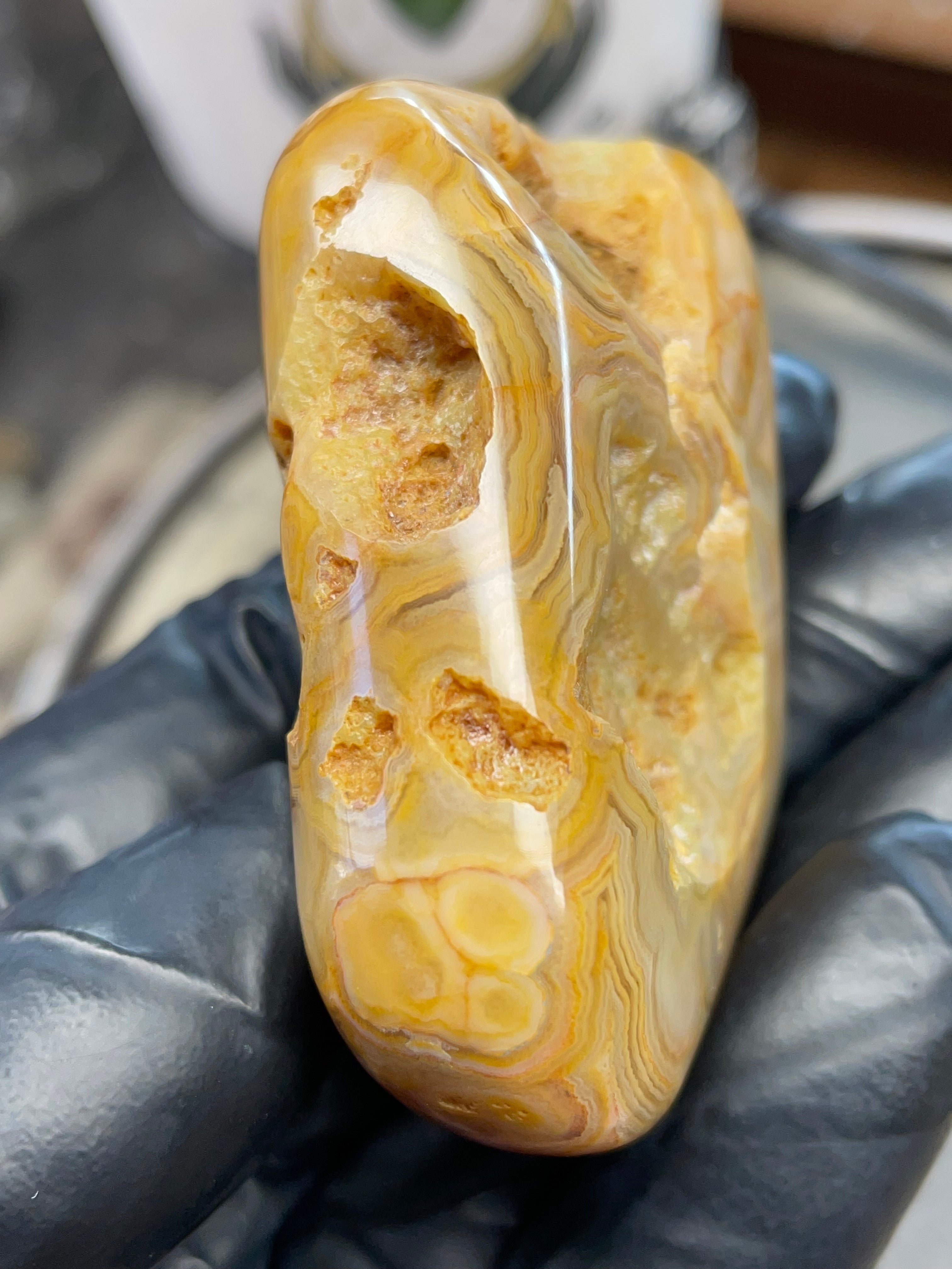 StoneBorn Creations – Crowley Ridge Agate w/ Golden Lace Banding & Natural Druzy Pockets (Hand-Polished)