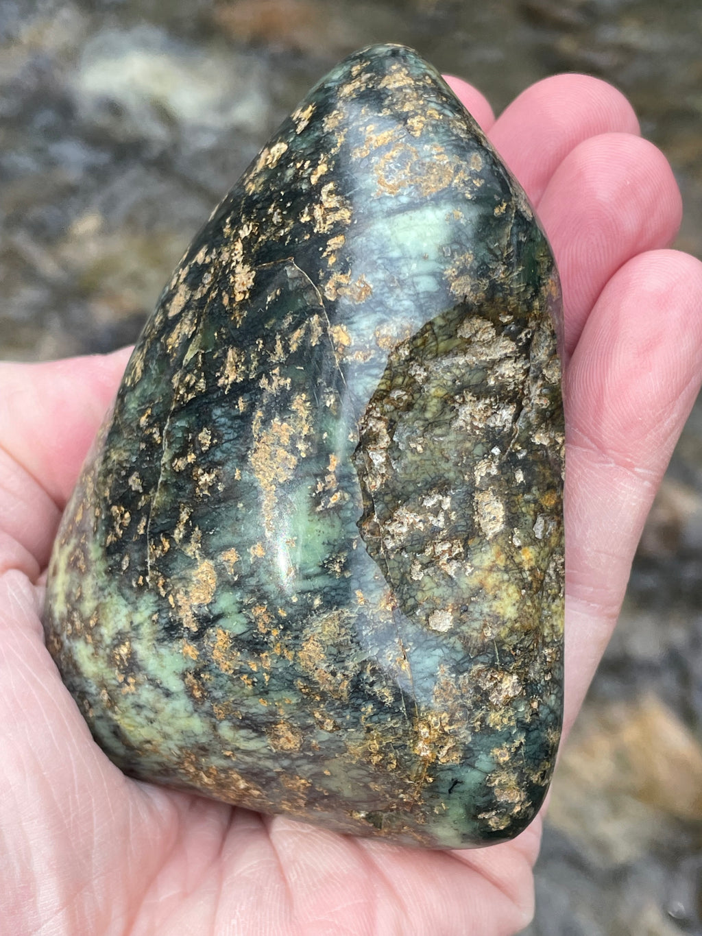 StoneBorn Creations Hand-Polished Vermont Serpentine with Golden Flecking Deep Forest Greens Full 360 Finish
