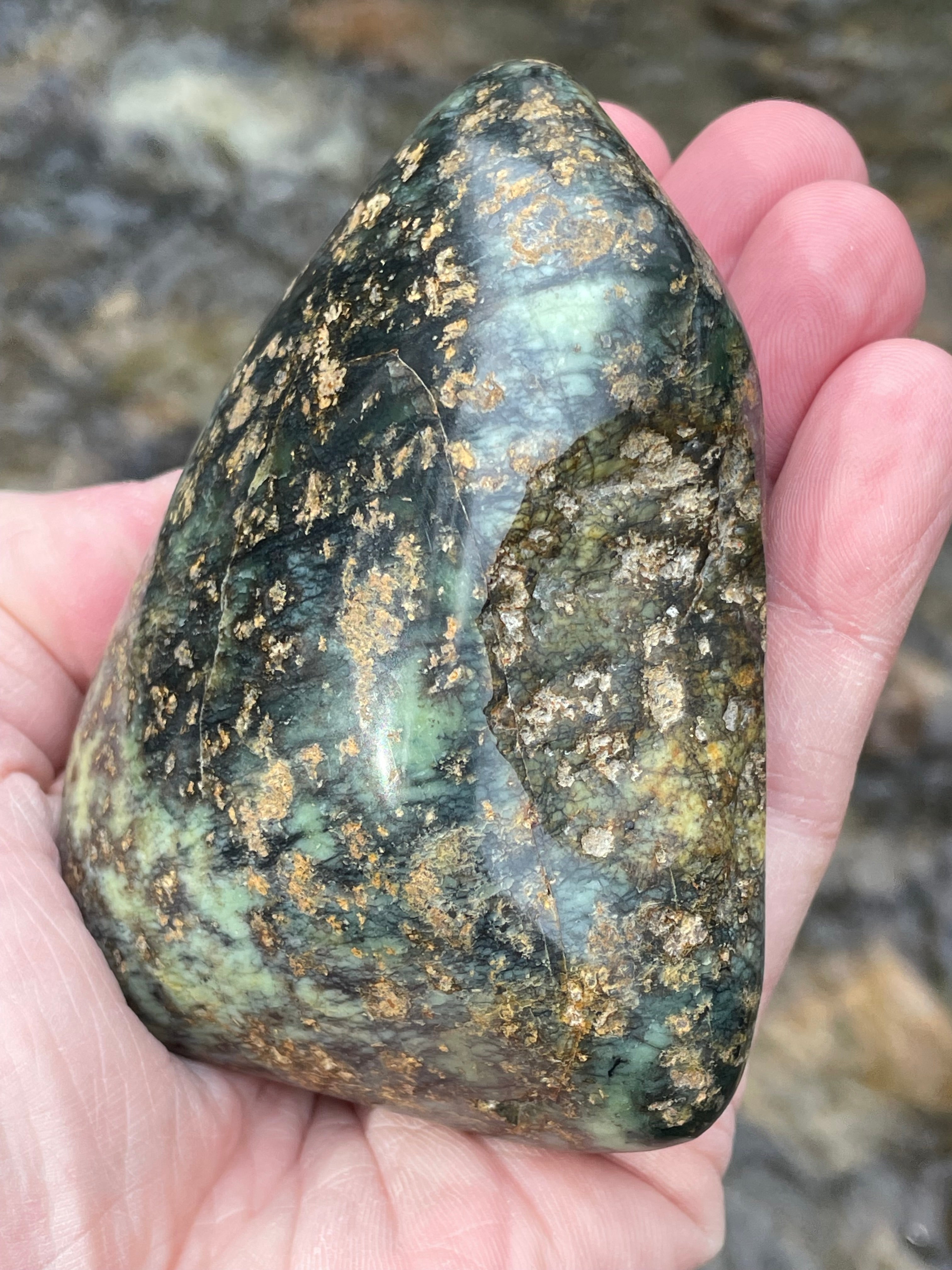 StoneBorn Creations Hand-Polished Vermont Serpentine with Golden Flecking Deep Forest Greens Full 360 Finish