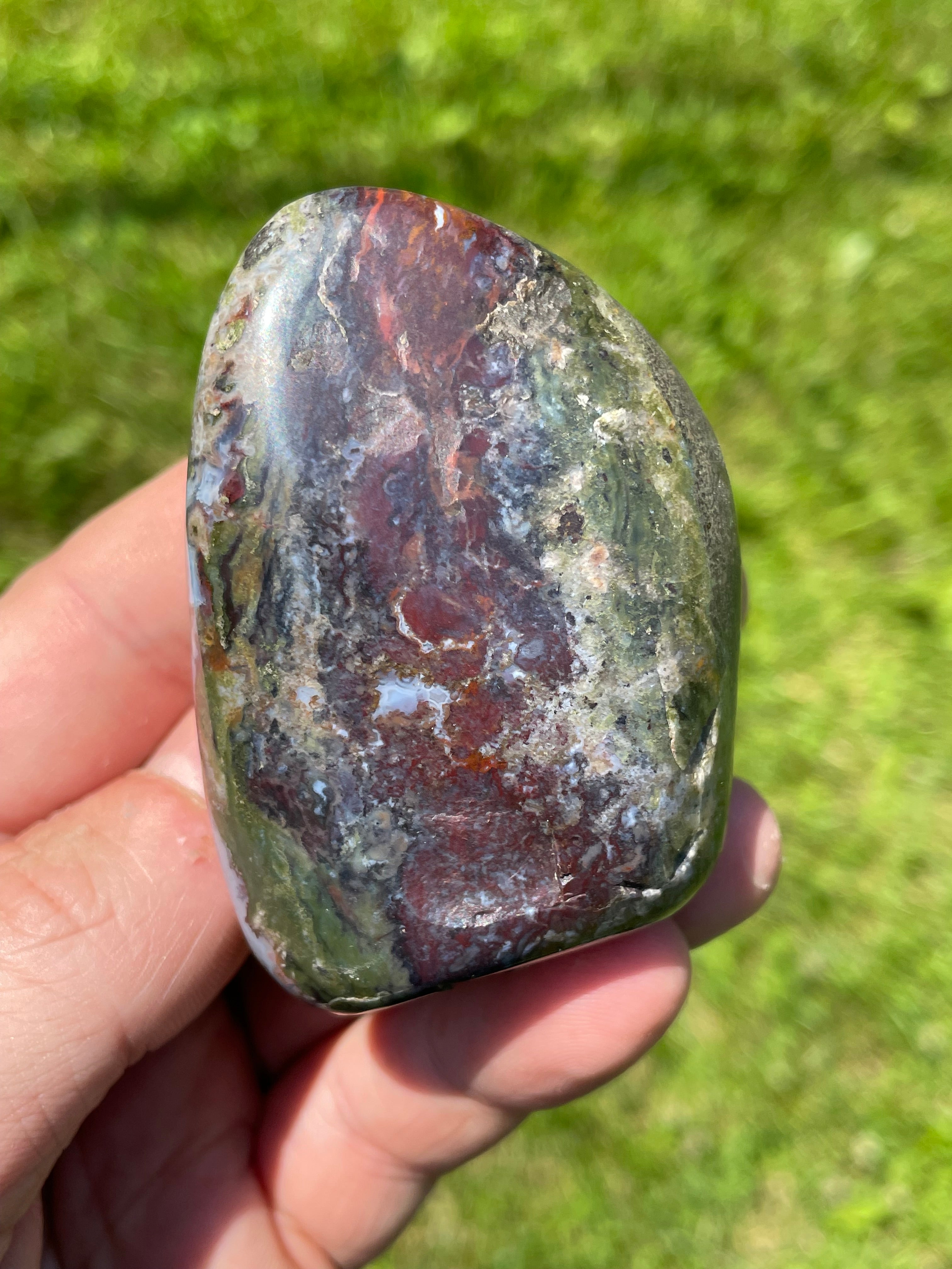 StoneBorn Creations Hand-Polished Green Serpentine & Red Jasper Freeform with Blue Chalcedony Pockets