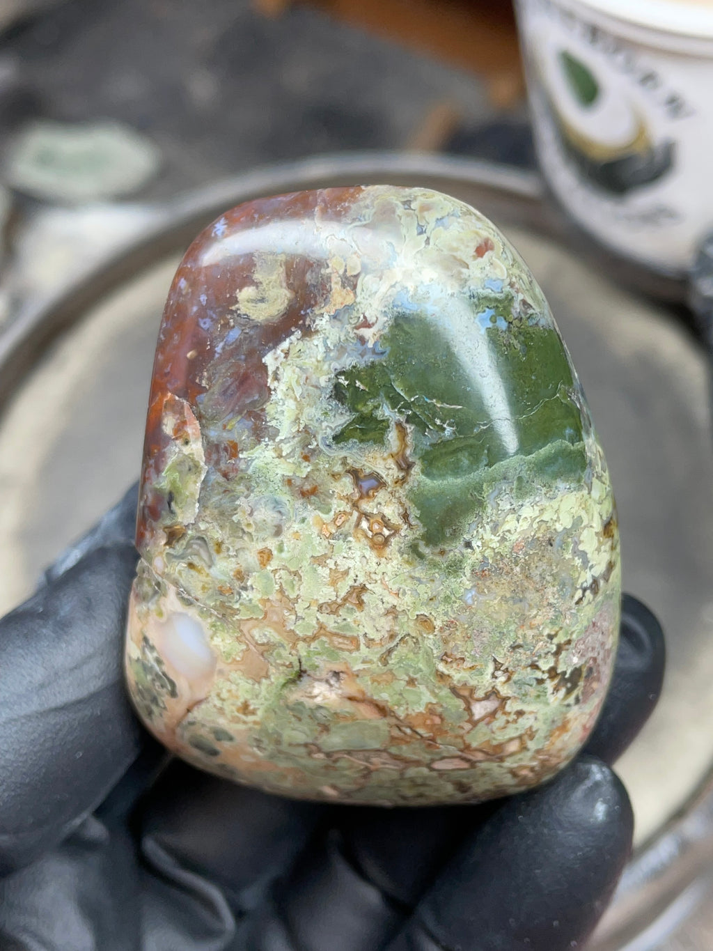 StoneBorn Creations Hand-Polished Multicolor Lace Agate with Natural Green and Rust Patterns – One-of-a-Kind Display Stone