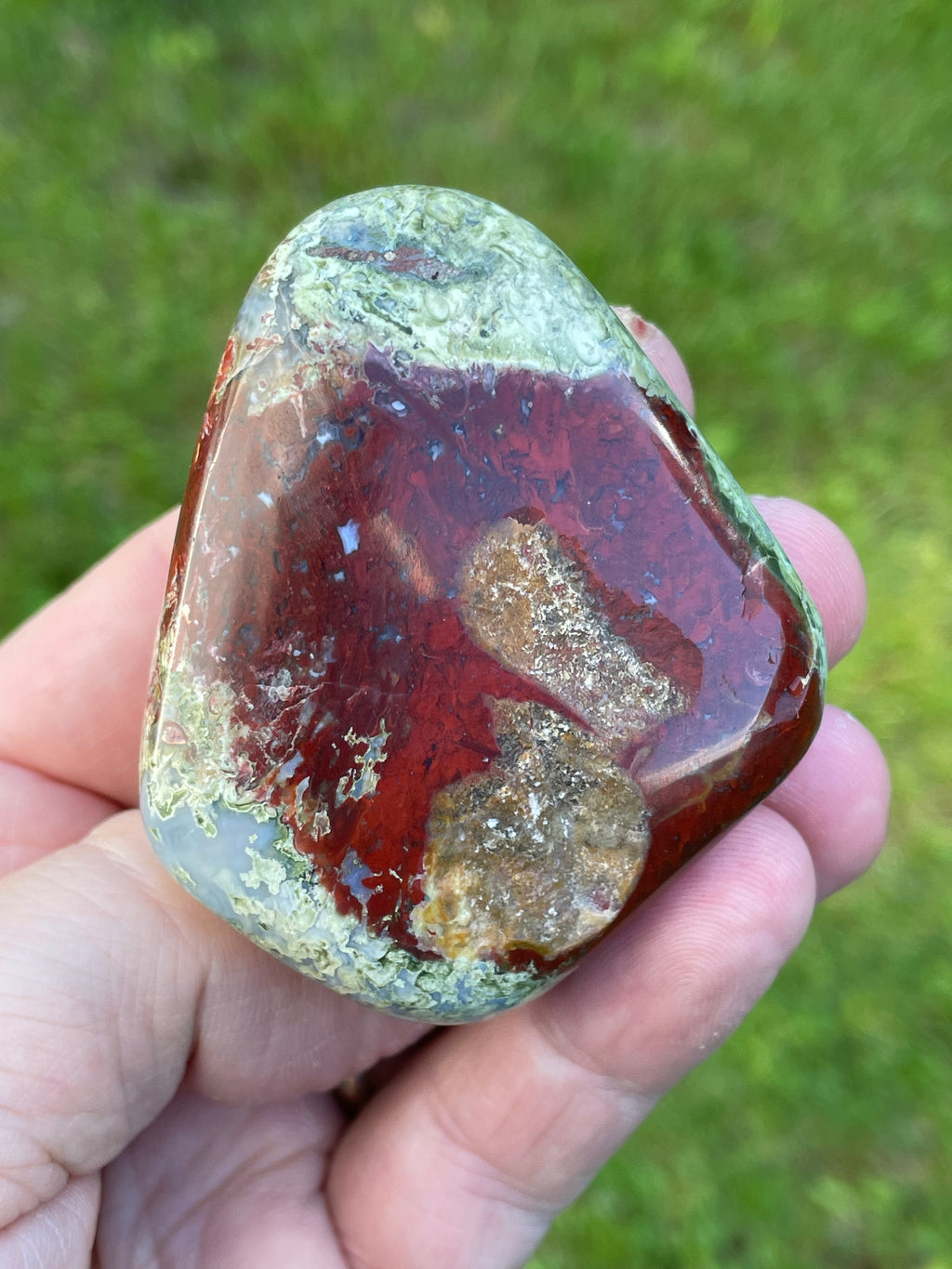 StoneBorn Creations Hand-Polished Agate Freeform with Blue Chalcedony, Deep Red Jasper Inclusions and Green Mossy Matrix