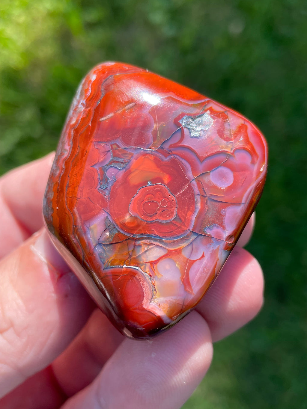 StoneBorn Creations Hand-Polished Lace Agate Freeform with Bold Red Plumes, Fortification Banding & Natural Matrix