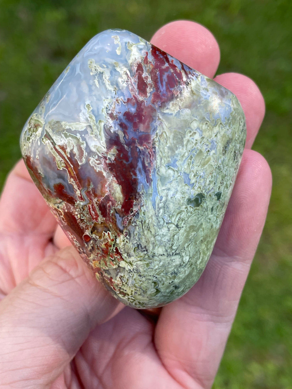 StoneBorn Creations Hand-Polished Agate Freeform with Blue Chalcedony, Deep Red Jasper Inclusions and Green Mossy Matrix