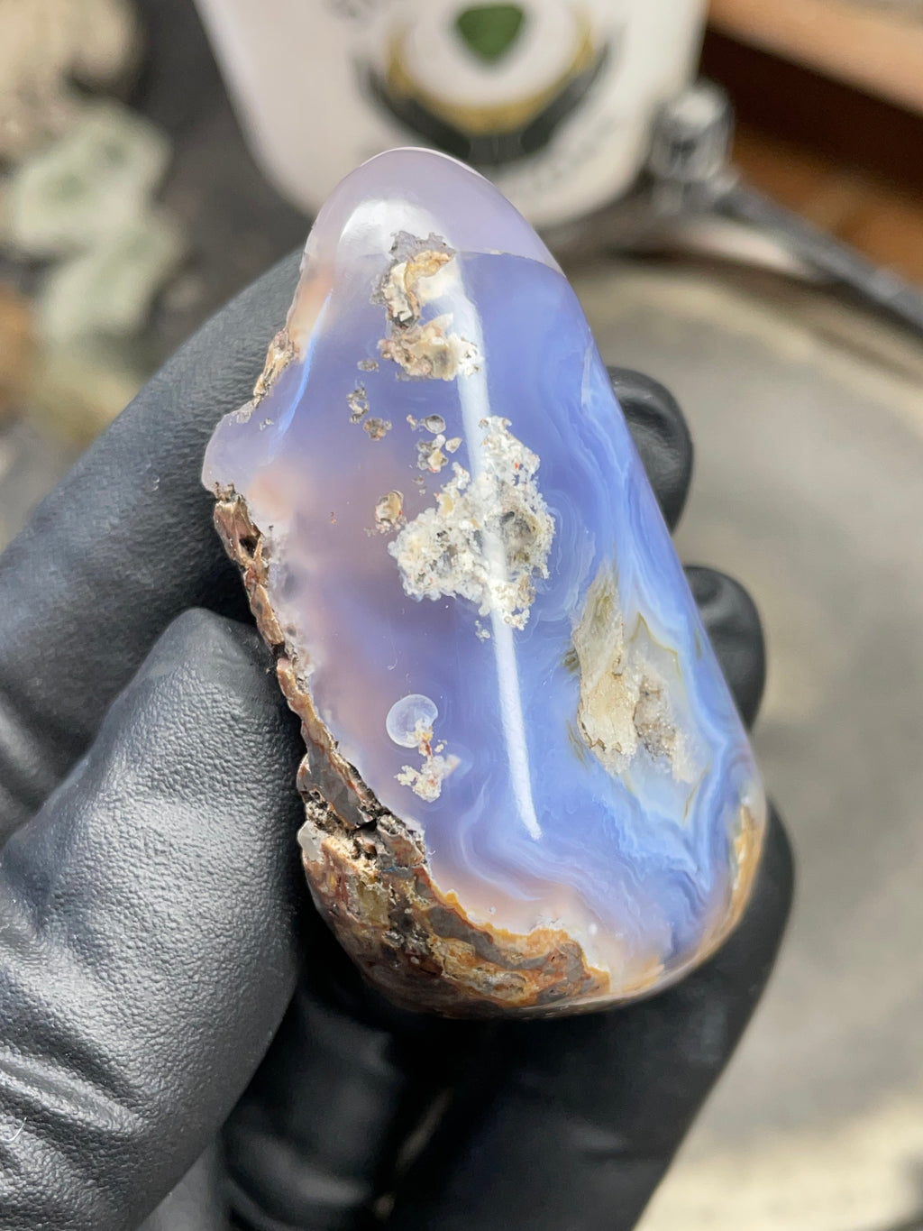 StoneBorn Creations Hand-Polished Blue Lace Agate with Natural Druzy Crystal Pocket & Earth-Toned Matrix