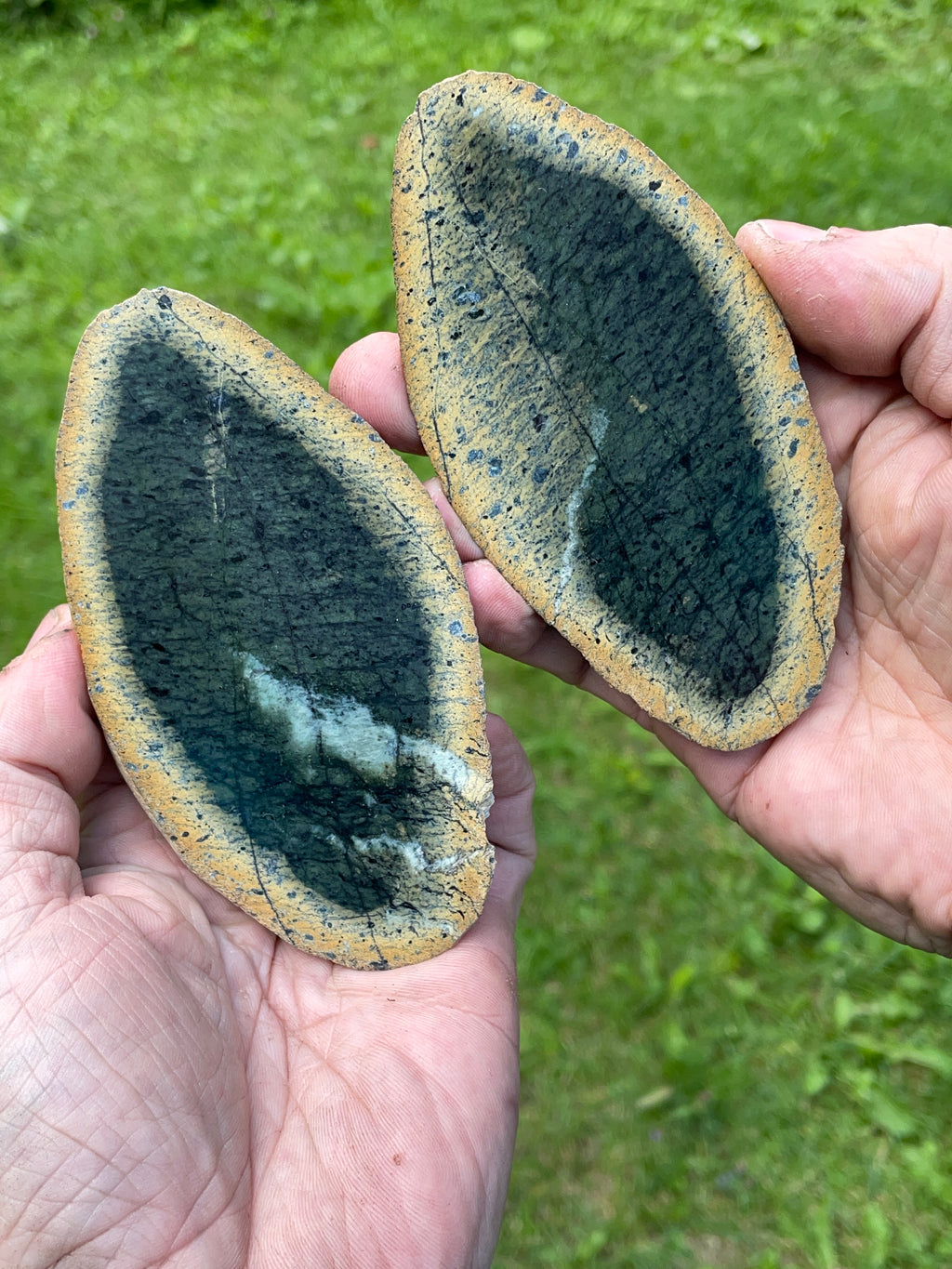 StoneBorn Creations – Hand-Polished Forest Green Stone Pair | Golden Earth Tones & Natural Mineral Veining