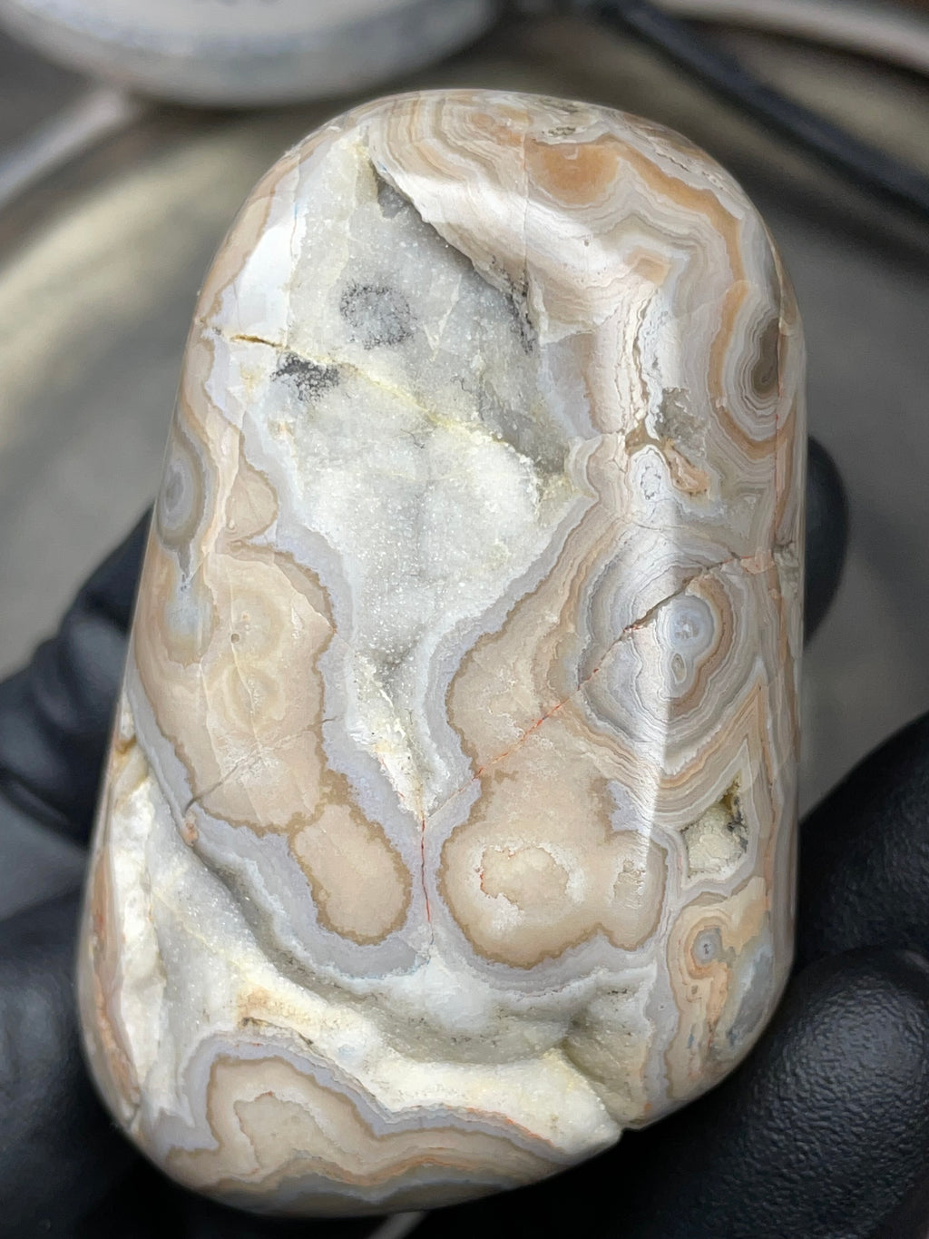 StoneBorn Creations – Hand Polished Georgia Lace Agate with Natural Druzy Crystal Pocket | One-of-a-Kind Display Stone