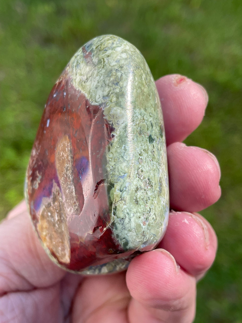 StoneBorn Creations Hand-Polished Agate Freeform with Blue Chalcedony, Deep Red Jasper Inclusions and Green Mossy Matrix