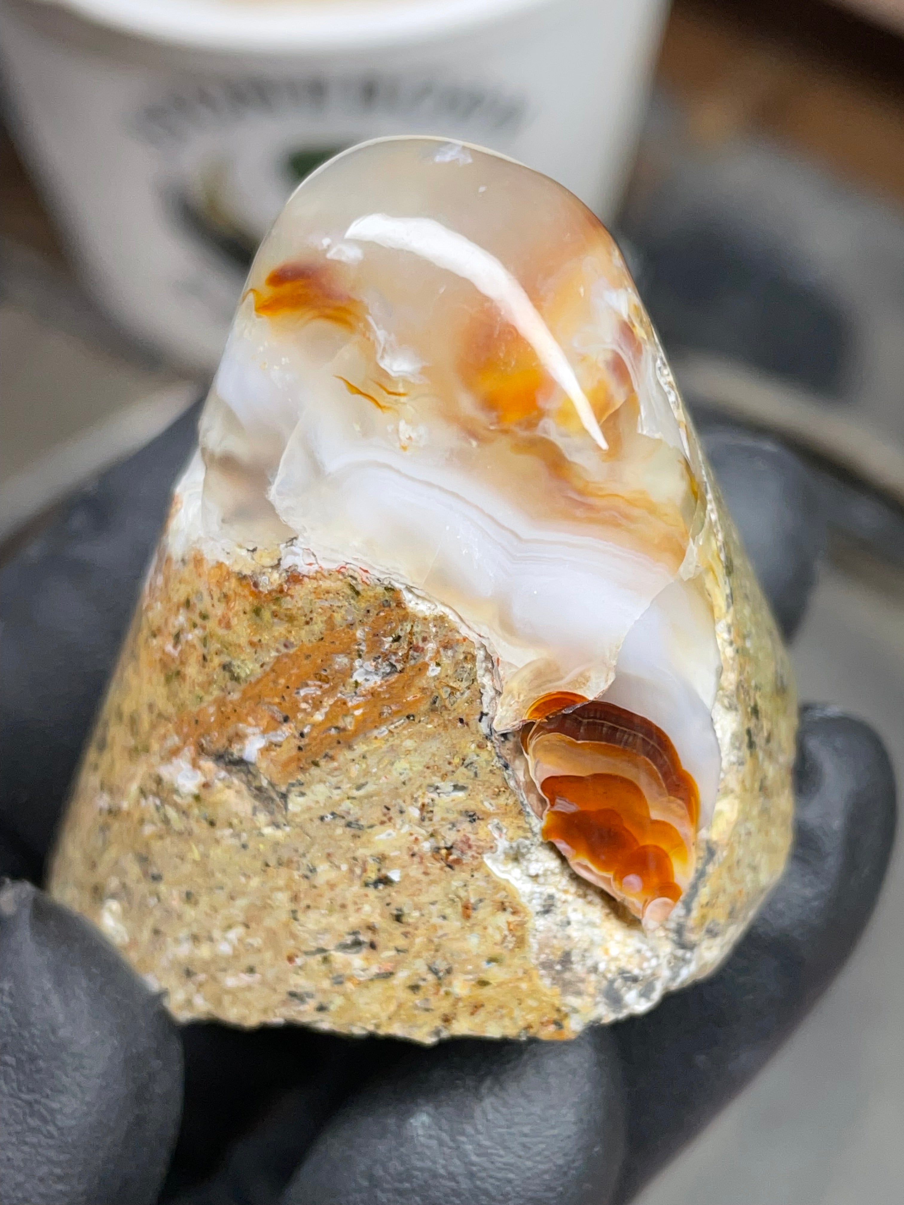 StoneBorn Creations Hand-Shaped Fire Agate with Natural Banding and Raw Matrix Base