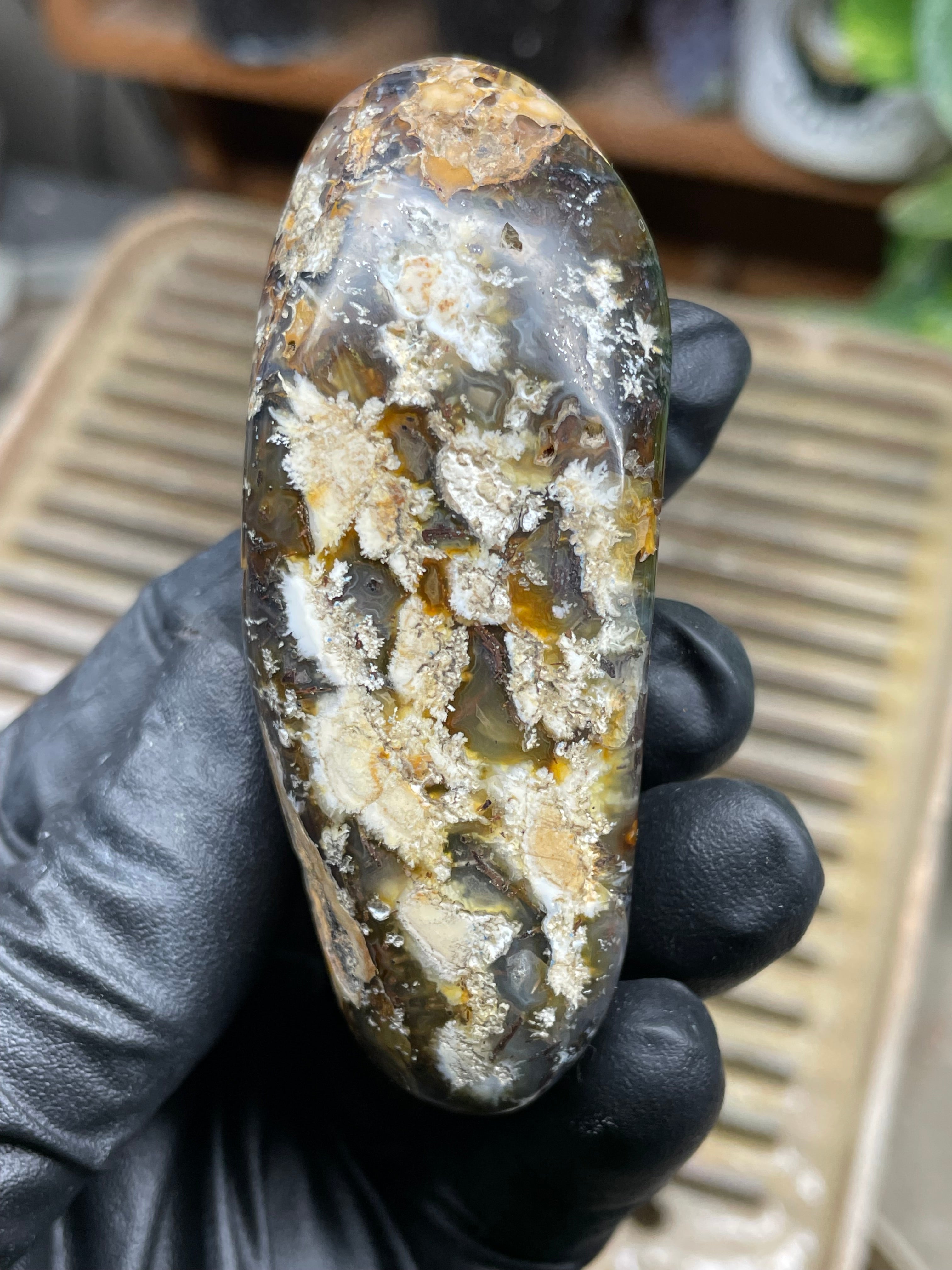 StoneBorn Creations Hand-Polished Trent Agate Freeform with Creamy Plume Inclusions, Druzy Cavities & Earth-Toned Chalcedony