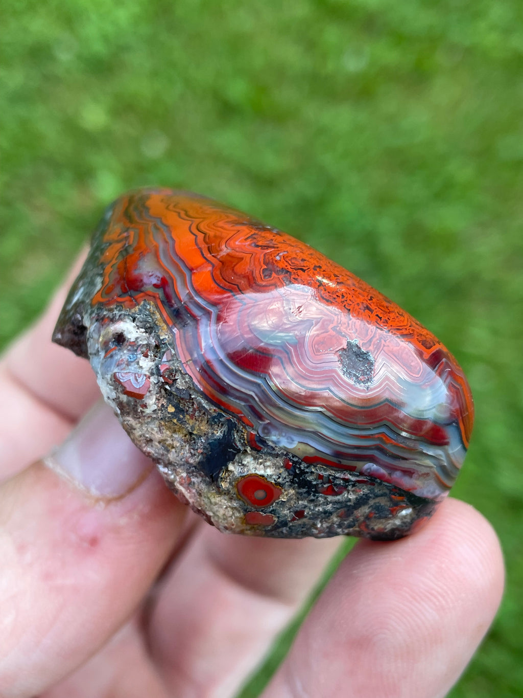 StoneBorn Creations Hand-Polished Lace Agate Freeform with Intricate Fortification Banding, Bold Red Plumes & Natural Druzy Matrix