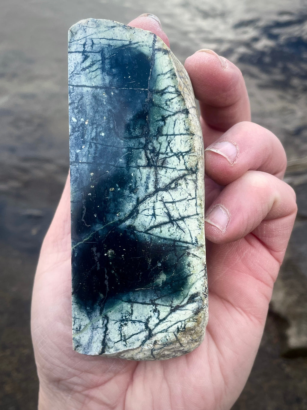 🌲 Polished Vermont Greenstone Slab – Deep Glacier-Blue Veins (Double-Sided Polish)