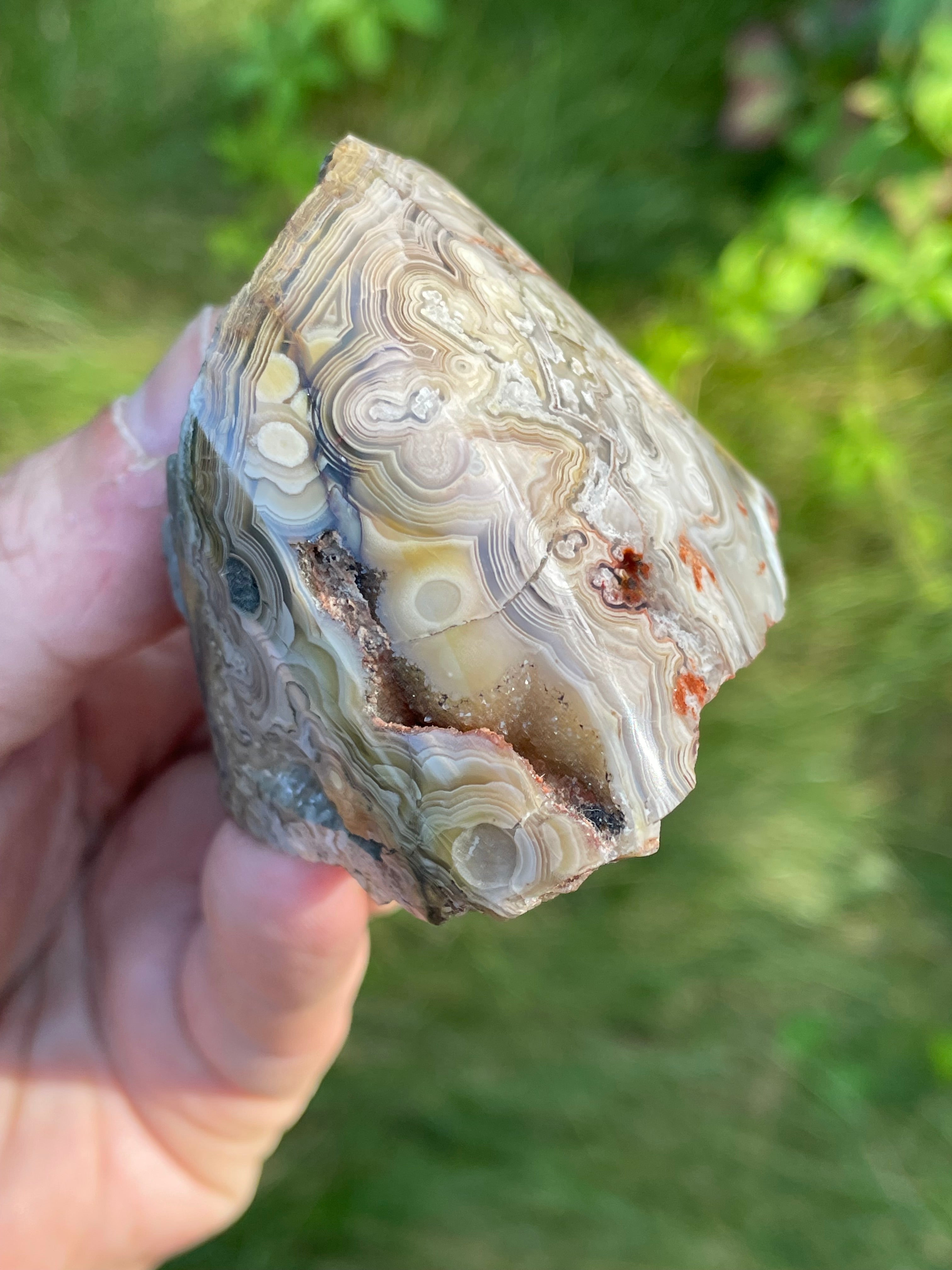 StoneBorn Creations Hand-Polished Lace Agate Freeform with Intricate Fortification Banding, Orbicular Eyes & Natural Druzy Quartz Pocket