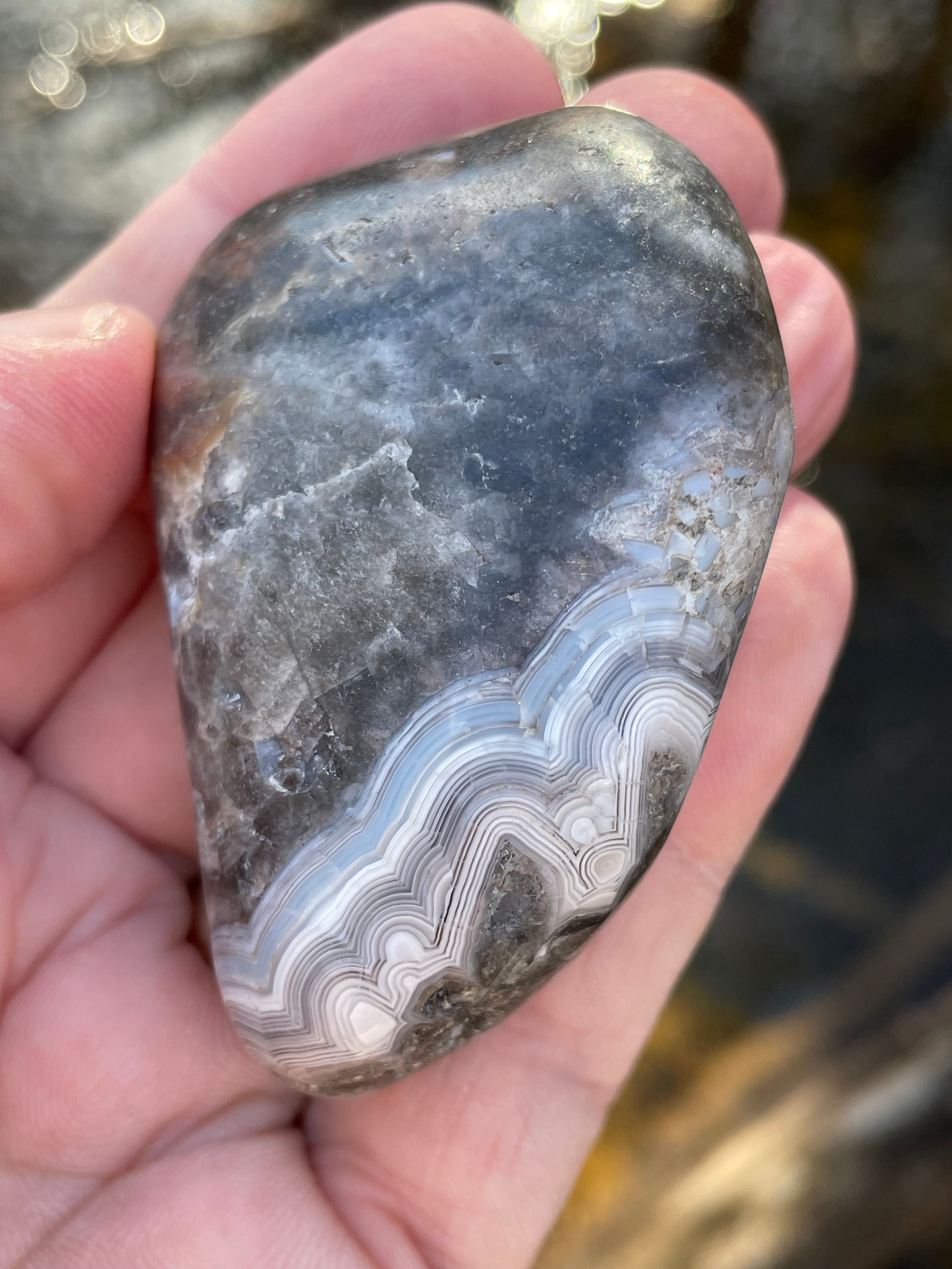 StoneBorn Creations Hand-Polished Banded Agate with Soft Grey Lace Layers Natural Quartz Matrix Freeform Finish
