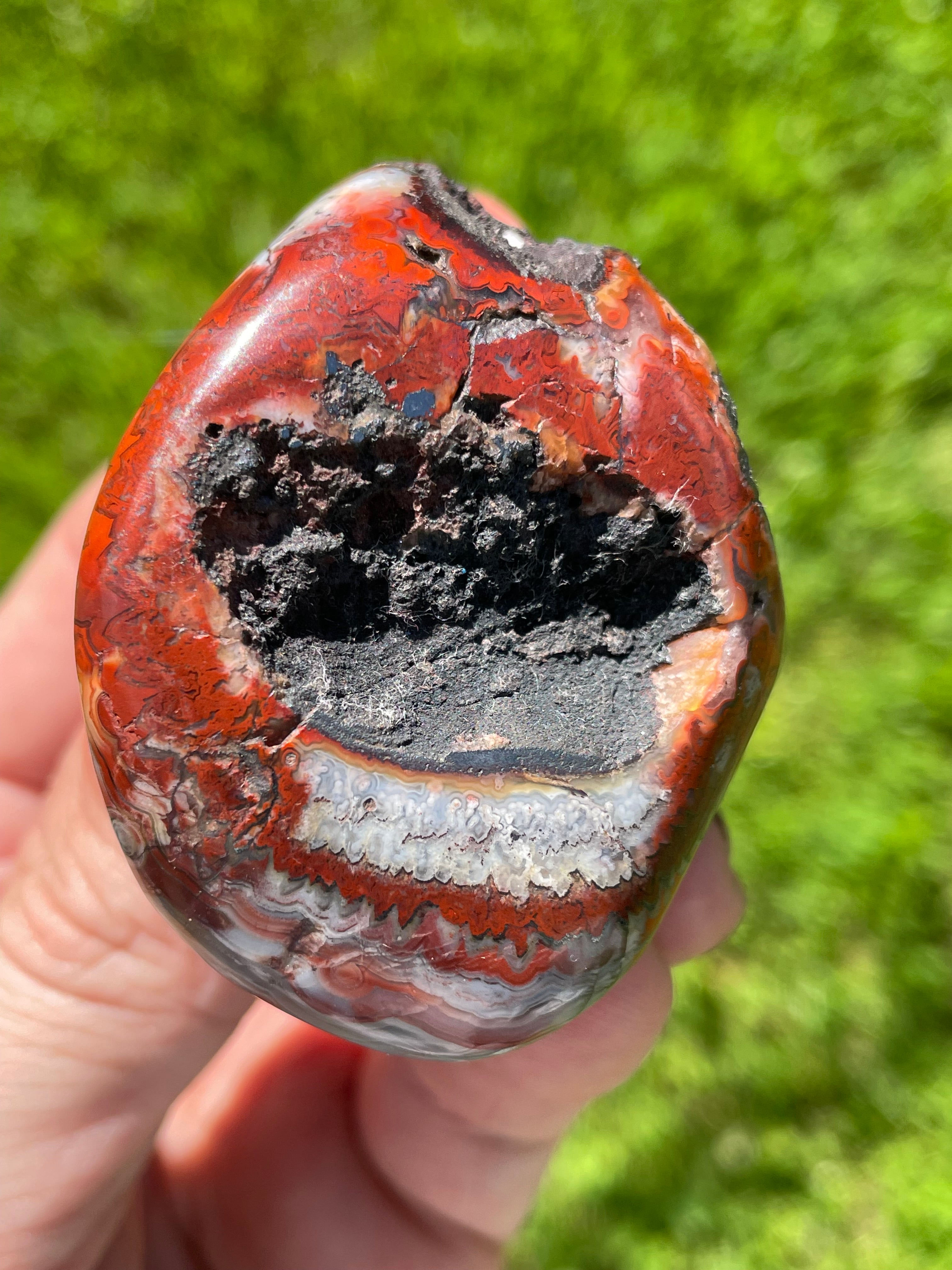 StoneBorn Creations Hand-Polished Lace Agate Freeform with Crimson Fortification Banding, Natural Druzy Pocket, and Preserved Volcanic Matrix