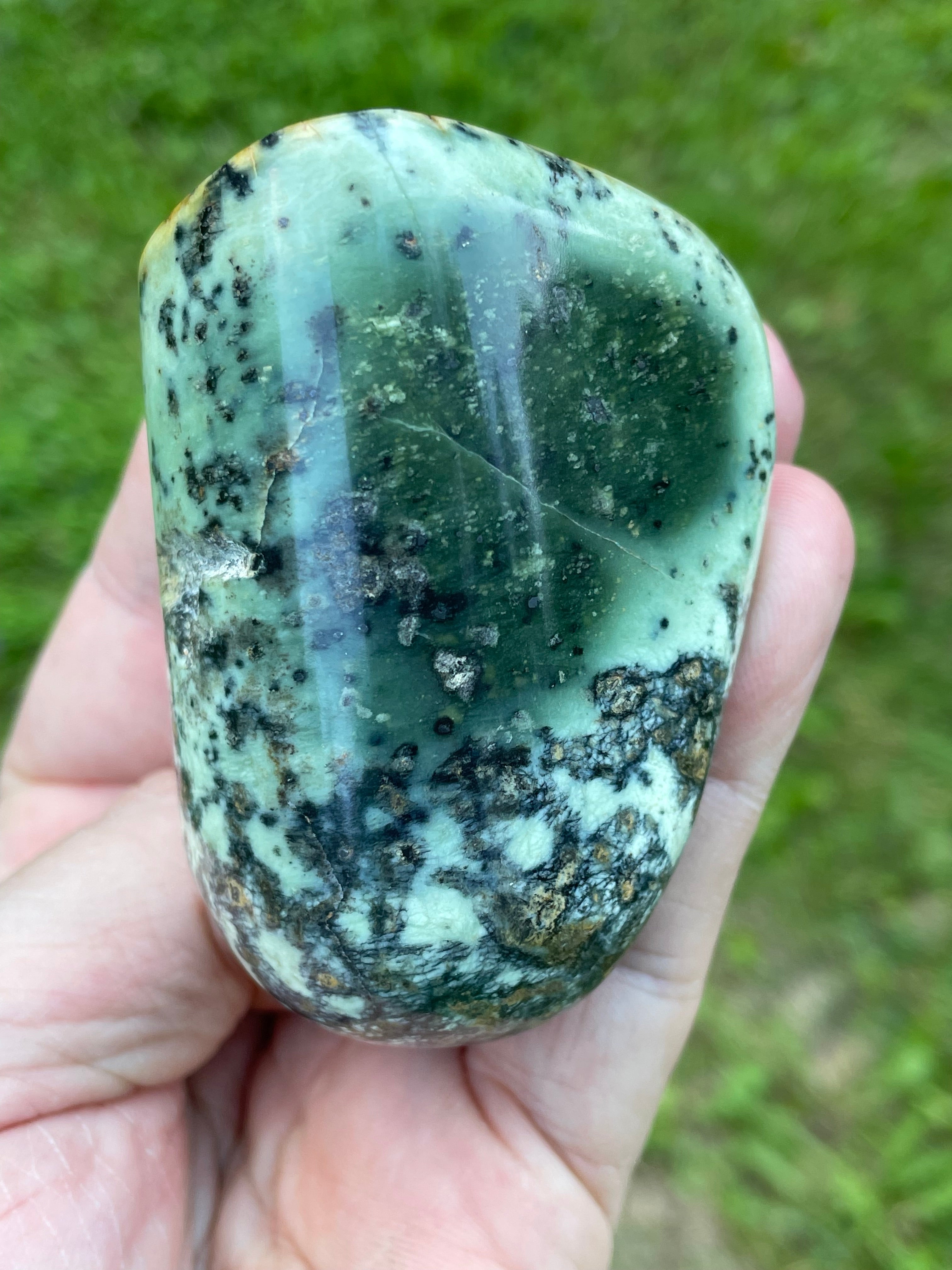 StoneBorn Creations Hand-Polished Green Serpentine Freeform with Deep Forest Green Pocket, Golden Matrix, and Natural Black Mineral Inclusions