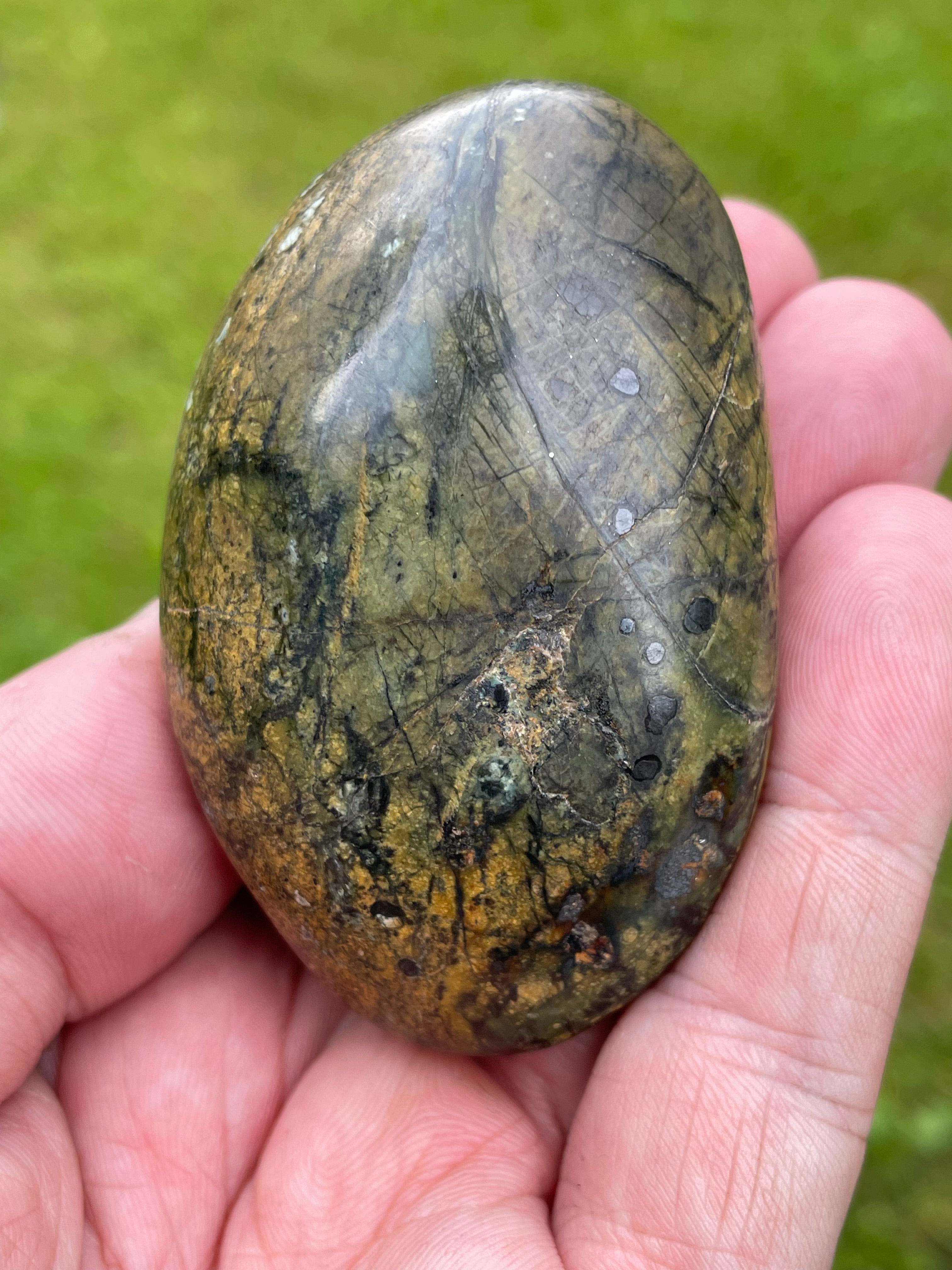 StoneBorn Creations Hand Polished Serpentine Freeform with Natural Olive Matrix, White Mineral Inclusions and Intricate Veining