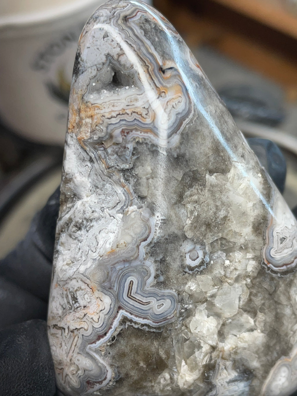 StoneBorn Creations | Hand-Polished Lace Agate with Natural Quartz Crystal Pockets