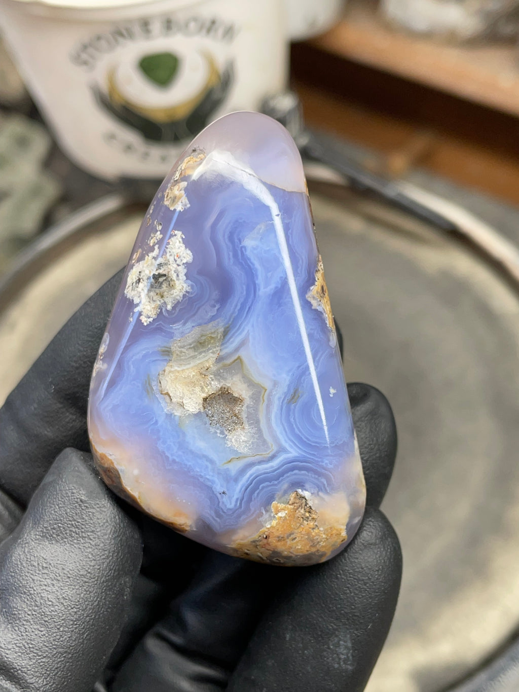 StoneBorn Creations Hand-Polished Blue Lace Agate with Natural Druzy Crystal Pocket & Earth-Toned Matrix