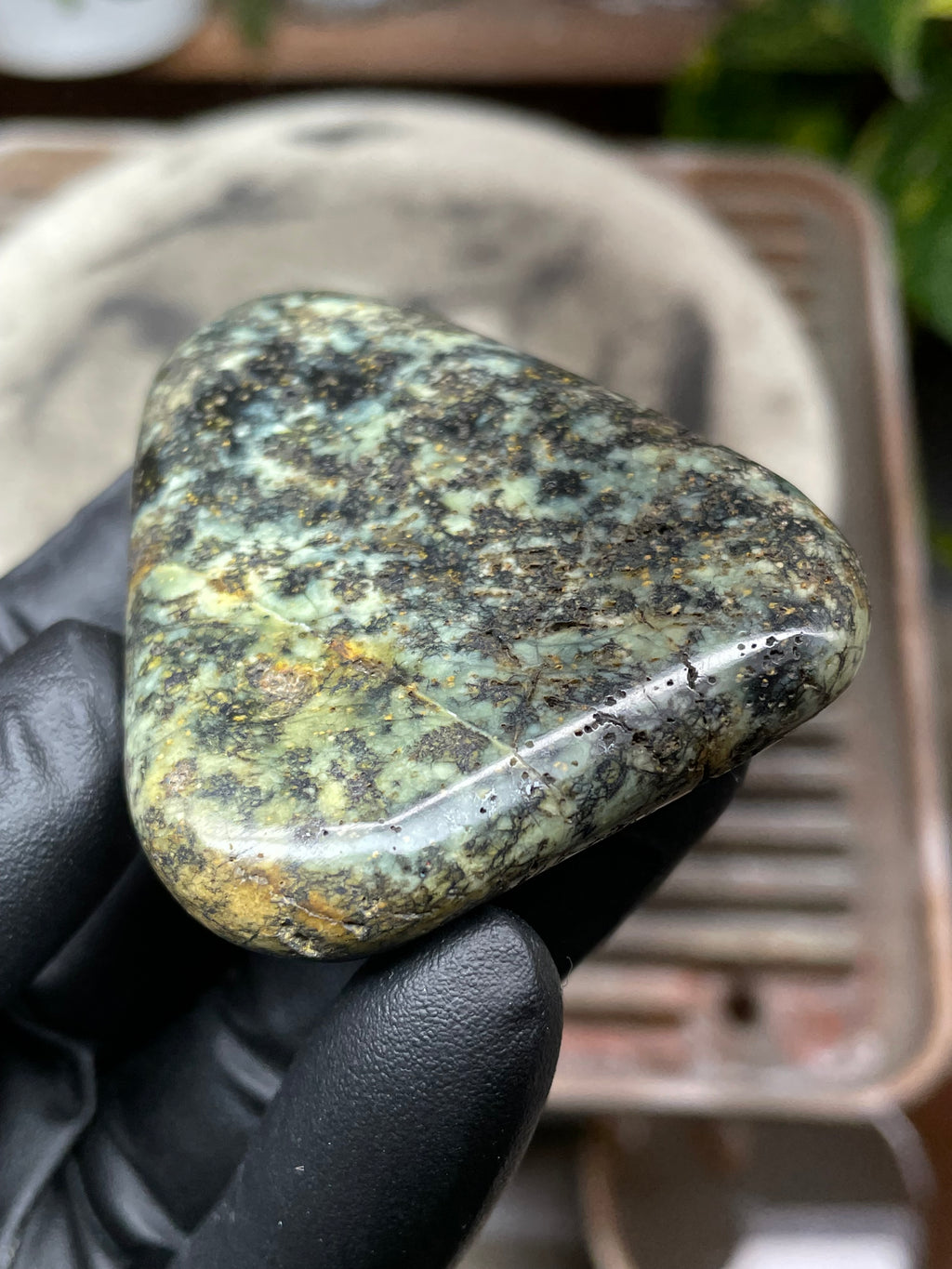 Hand-Polished Vermont Serpentine with Golden Flecking, Deep Green Tones, and Natural Matrix Freeform Finish