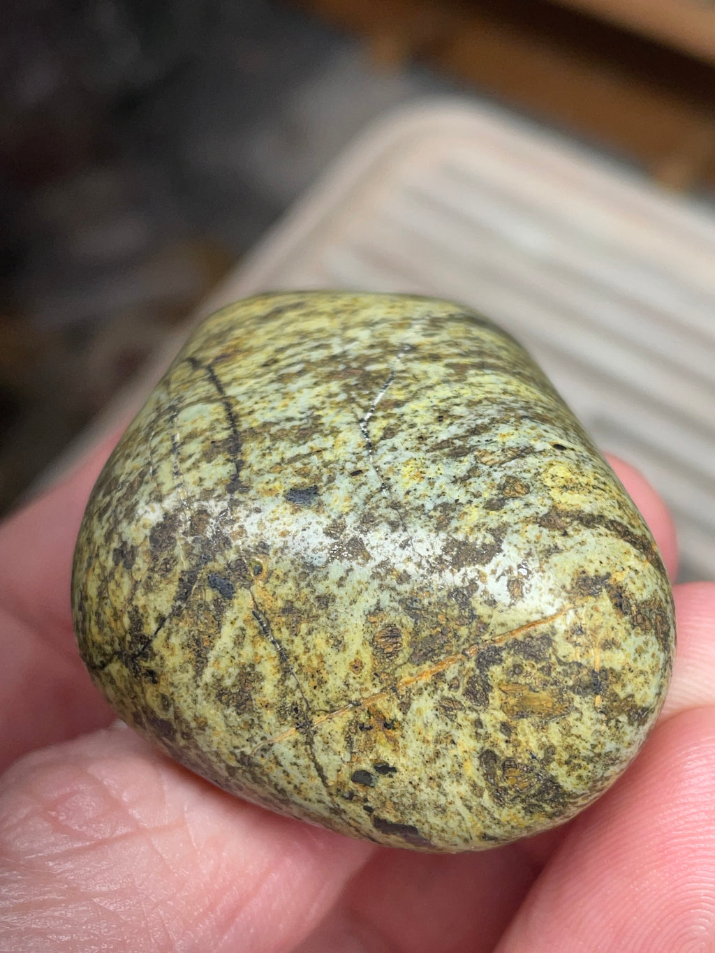 StoneBorn Creations • Hand-Polished Vermont Greenstone (Serpentine) • Moss & Shadow Speckle • Palm Stone