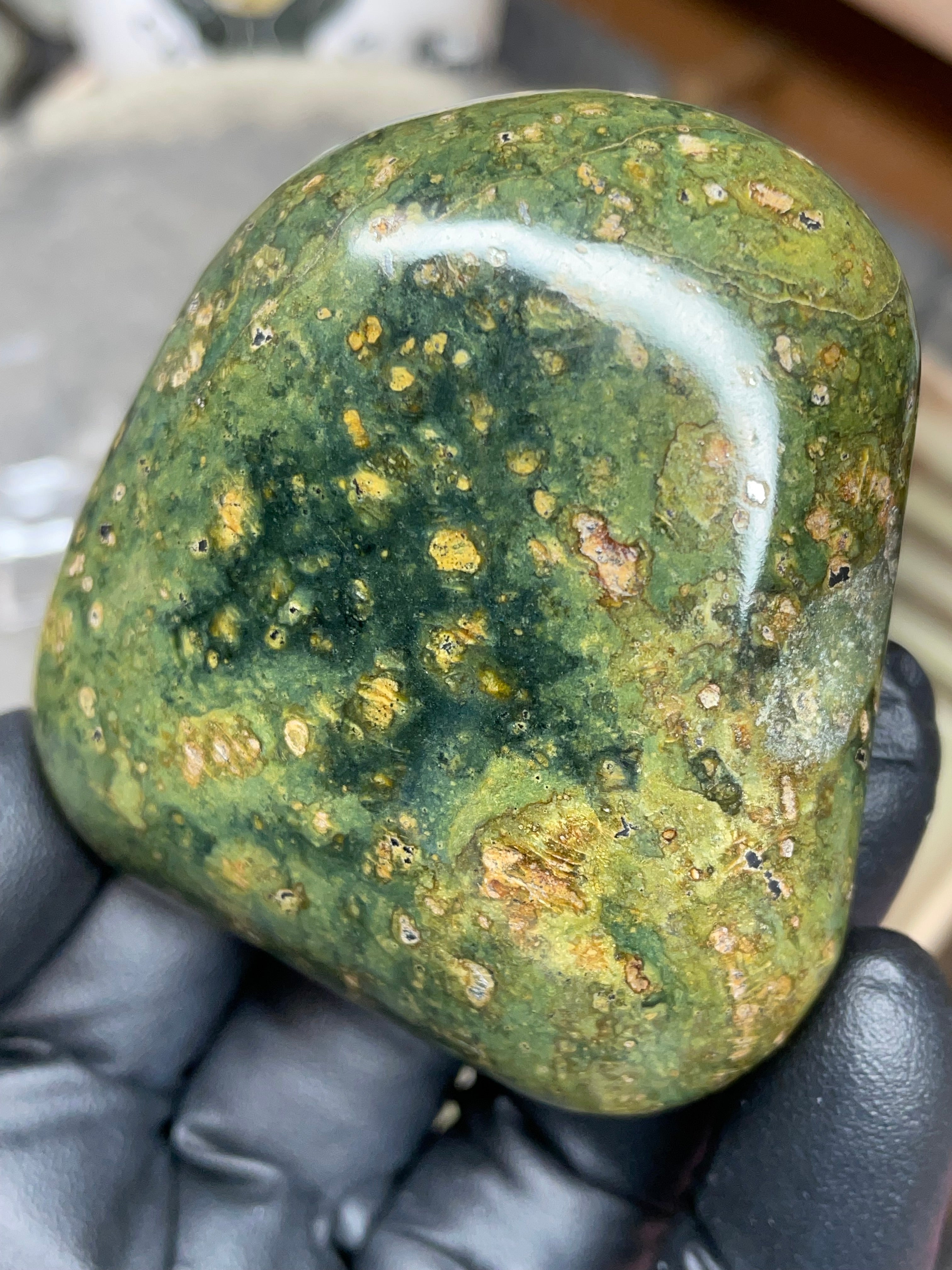 StoneBorn Creations – Hand-Polished Vermont Serpentine | Natural Green Stone with Golden Inclusions | One-of-a-Kind Display Piece