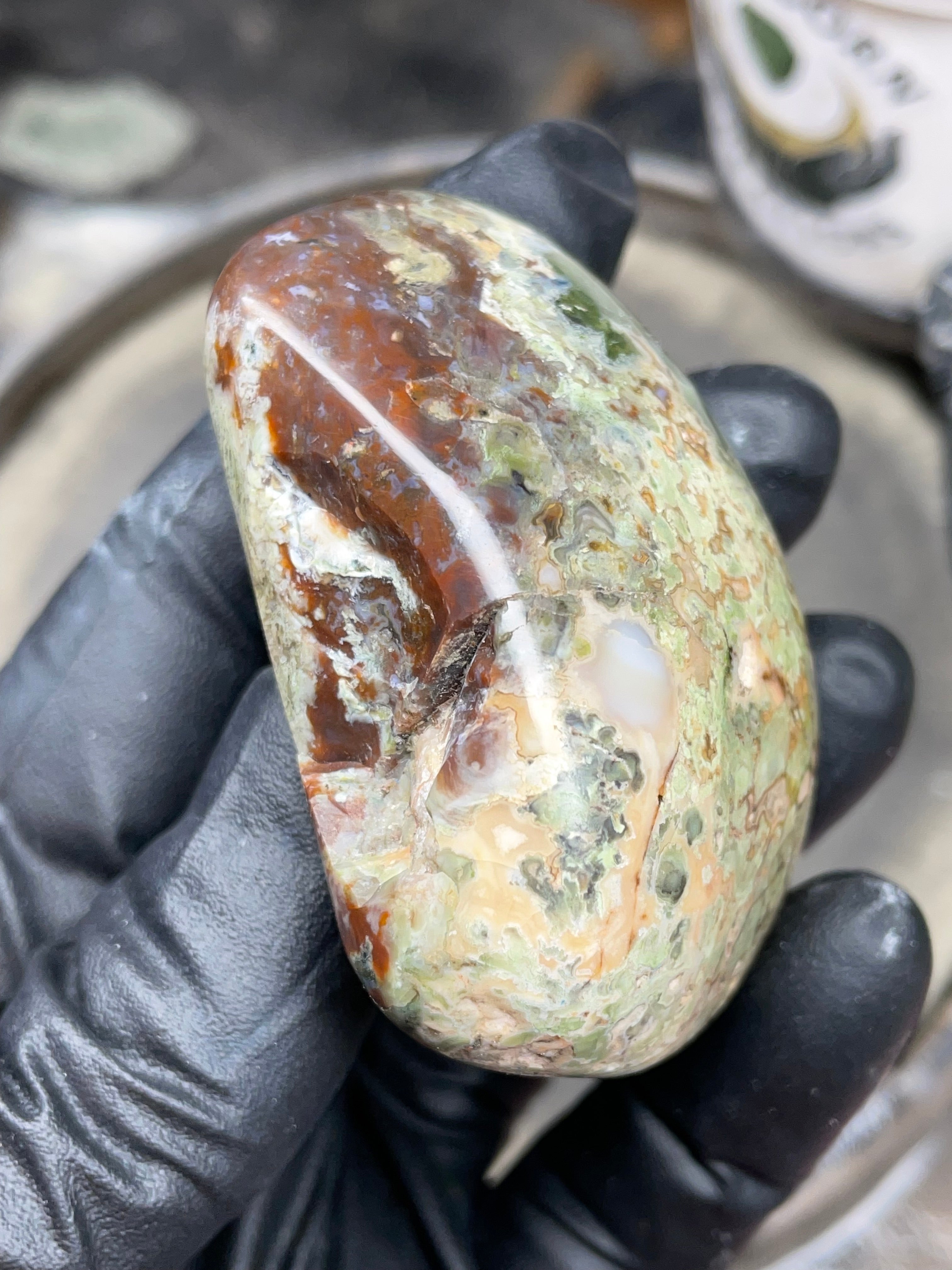 StoneBorn Creations Hand-Polished Multicolor Lace Agate with Natural Green and Rust Patterns – One-of-a-Kind Display Stone