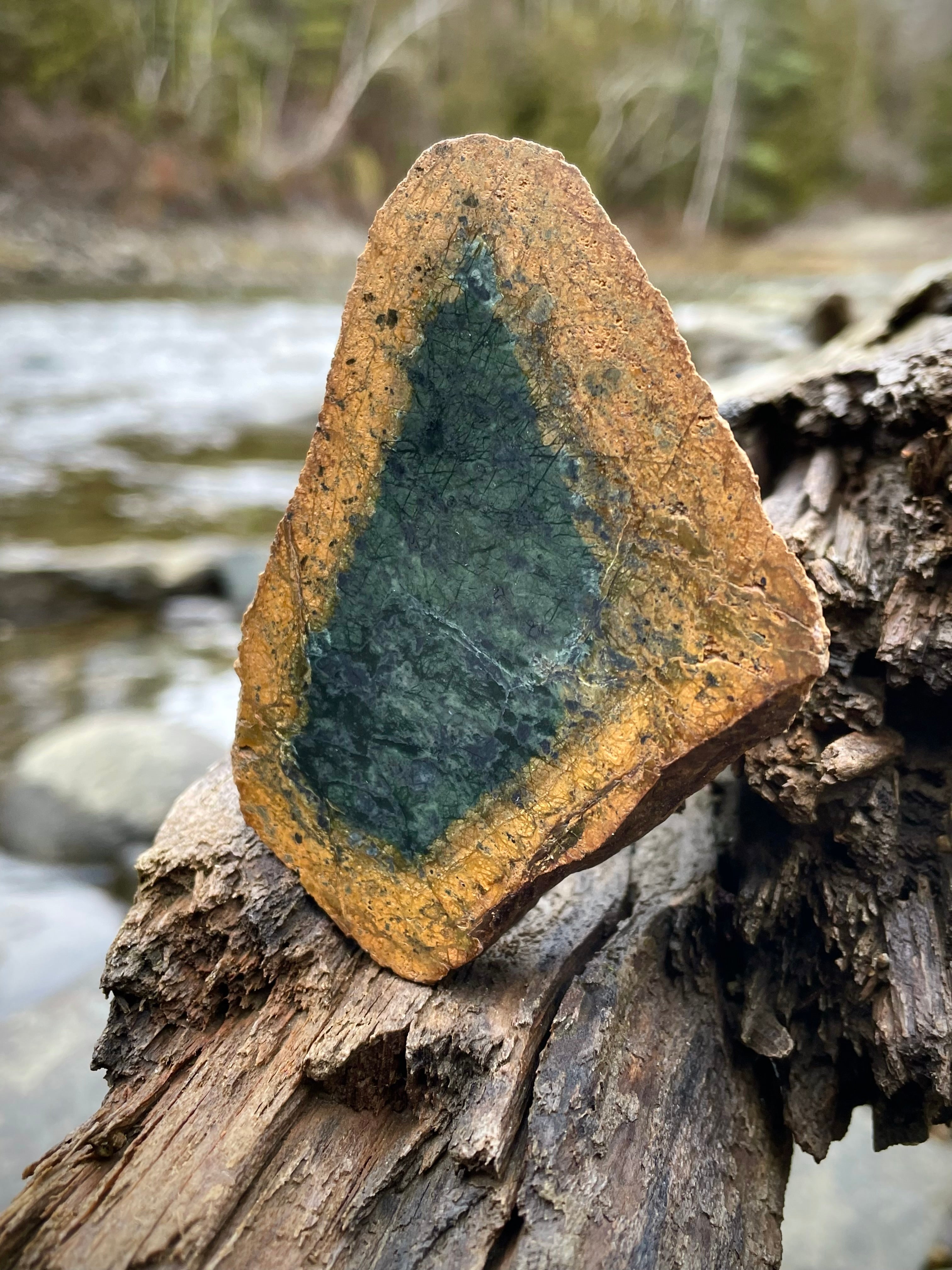 🌲 Vermont Green Serpentine Core Slice – Natural Golden Rind