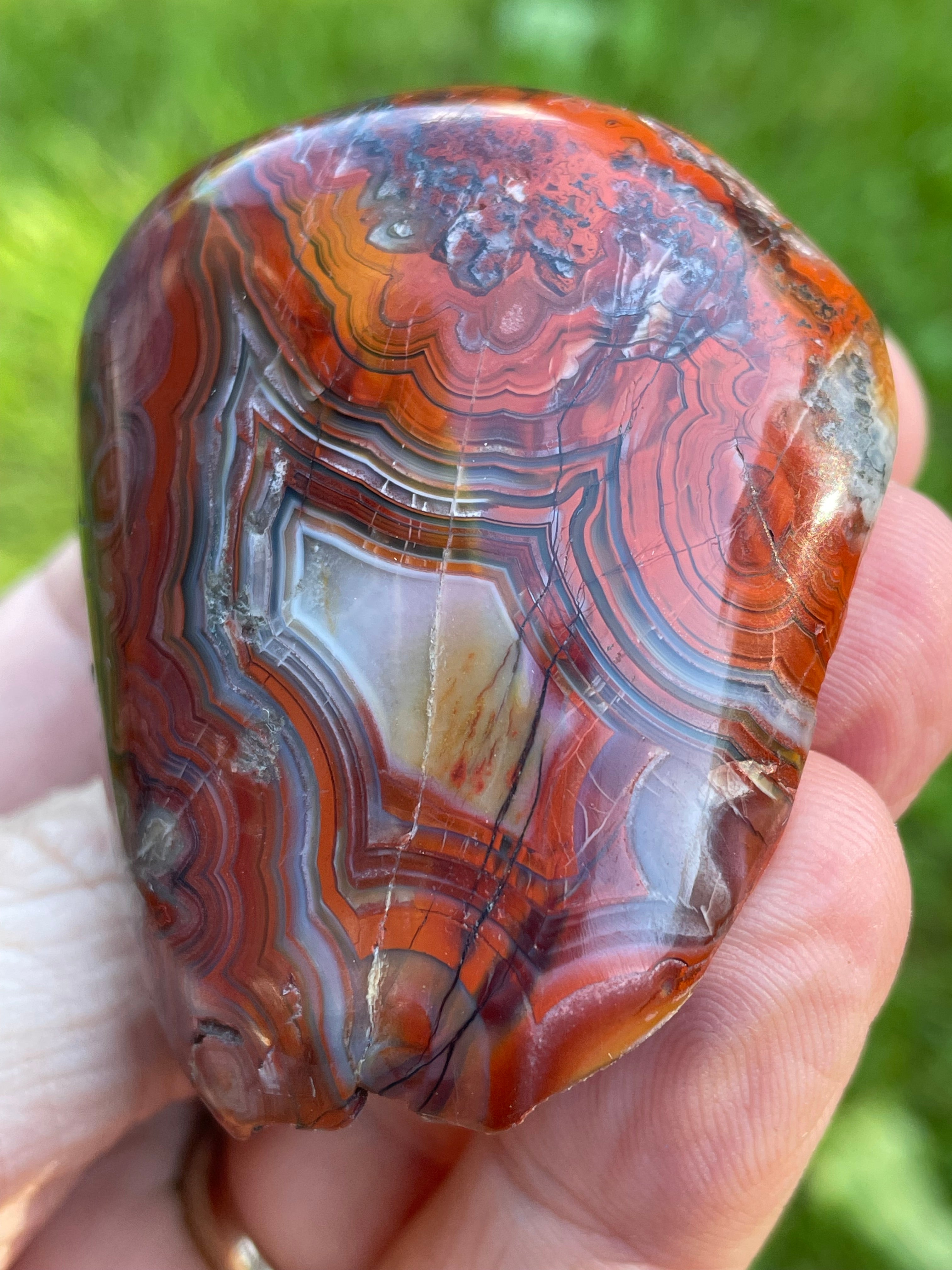 StoneBorn Creations Hand-Polished Lace Agate Freeform with Curved Polished Face, Fortification Banding, and Natural Raw Backing