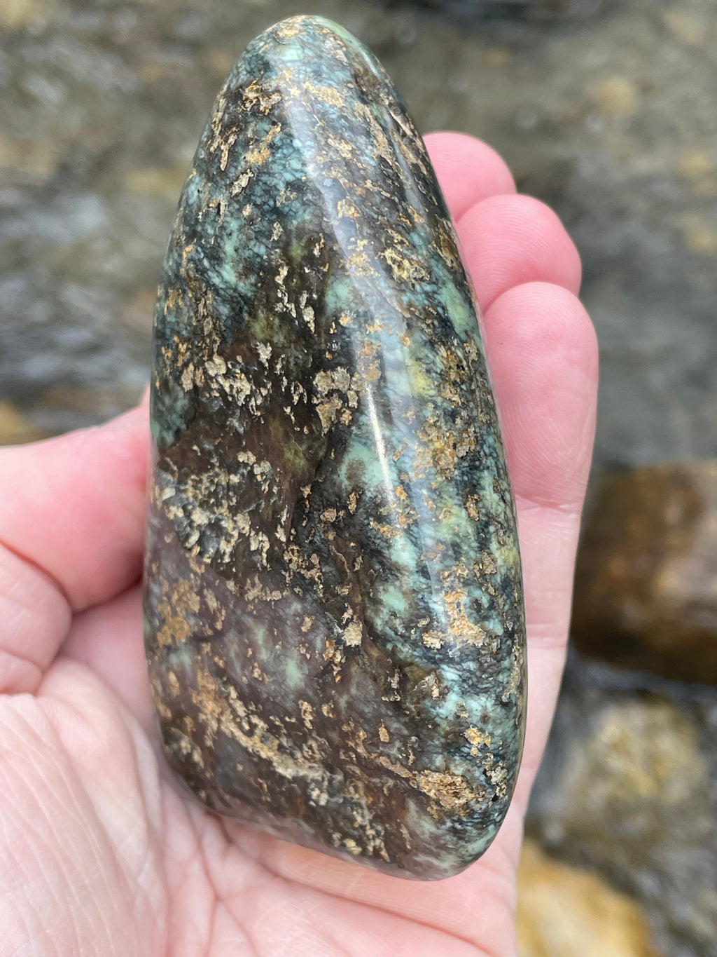 StoneBorn Creations Hand-Polished Vermont Serpentine with Golden Flecking Deep Forest Greens Full 360 Finish