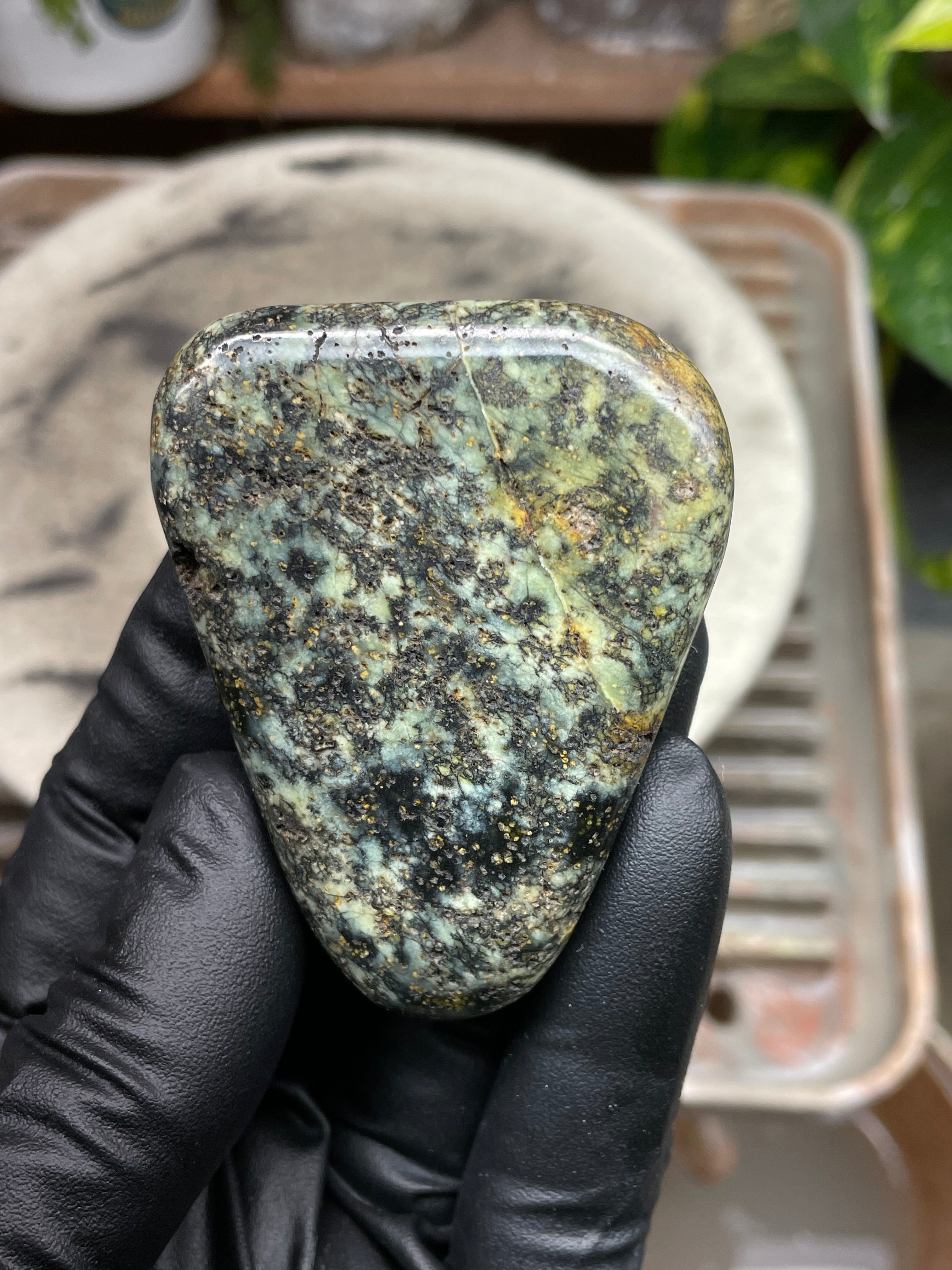 Hand-Polished Vermont Serpentine with Golden Flecking, Deep Green Tones, and Natural Matrix Freeform Finish