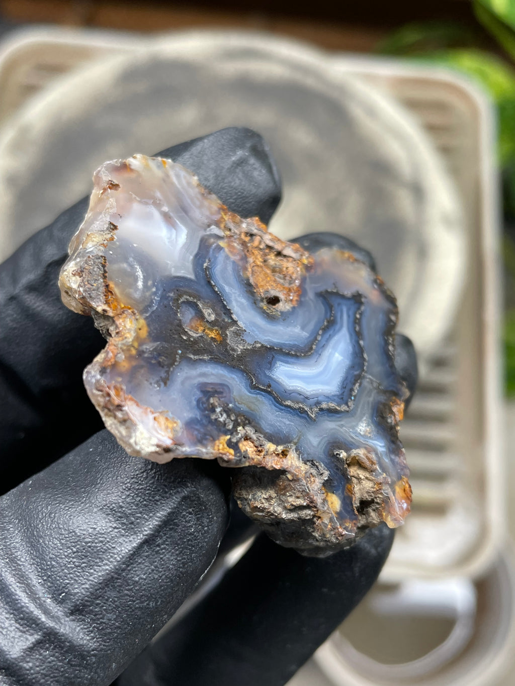 StoneBorn Creations Hand-Polished Banded Agate Pair – Cut Matching Halves with Steel-Blue Fortification Bands
