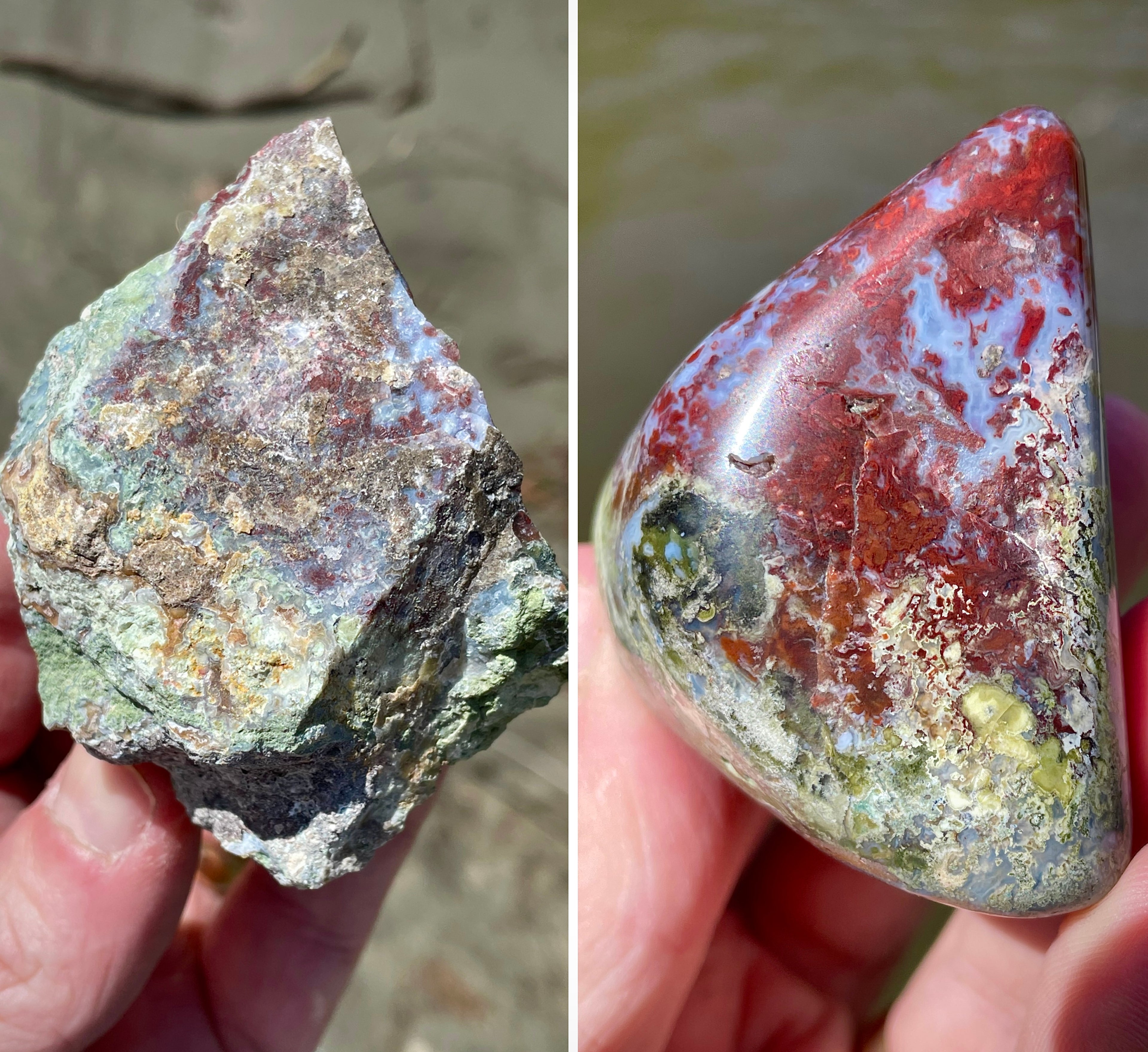 StoneBorn Creations Hand-Polished Lace Agate with Crimson Plumes, Moss Green Inclusions & Natural Freeform Finish
