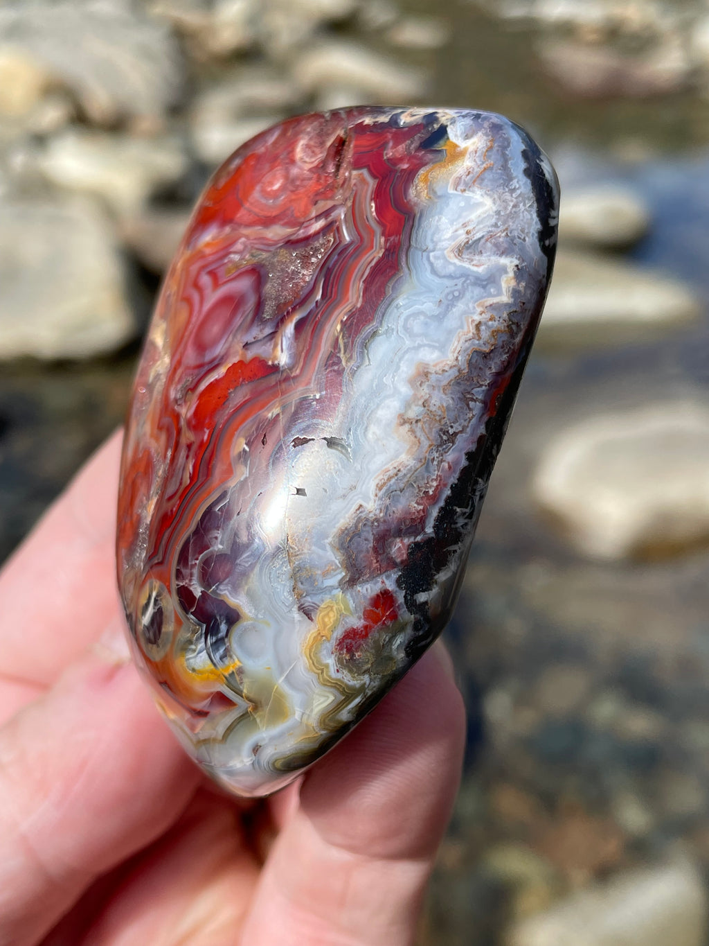 StoneBorn Creations Hand Polished Lace Agate Freeform with Fiery Crimson Banding and Natural Raw Backing